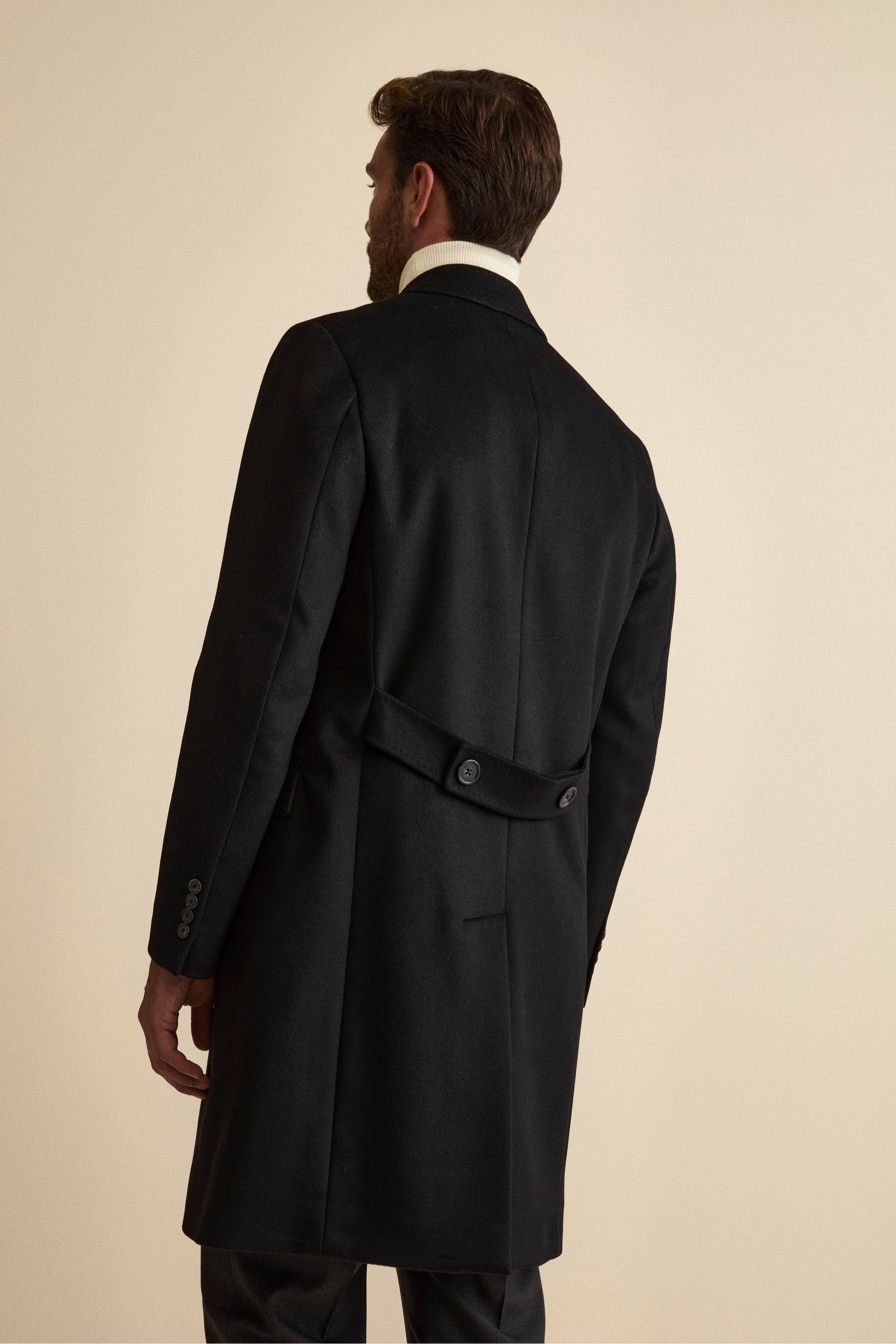 Midi Double-Breasted Coat in Wool and Cashmere Blend with Half-Belt - BLACK