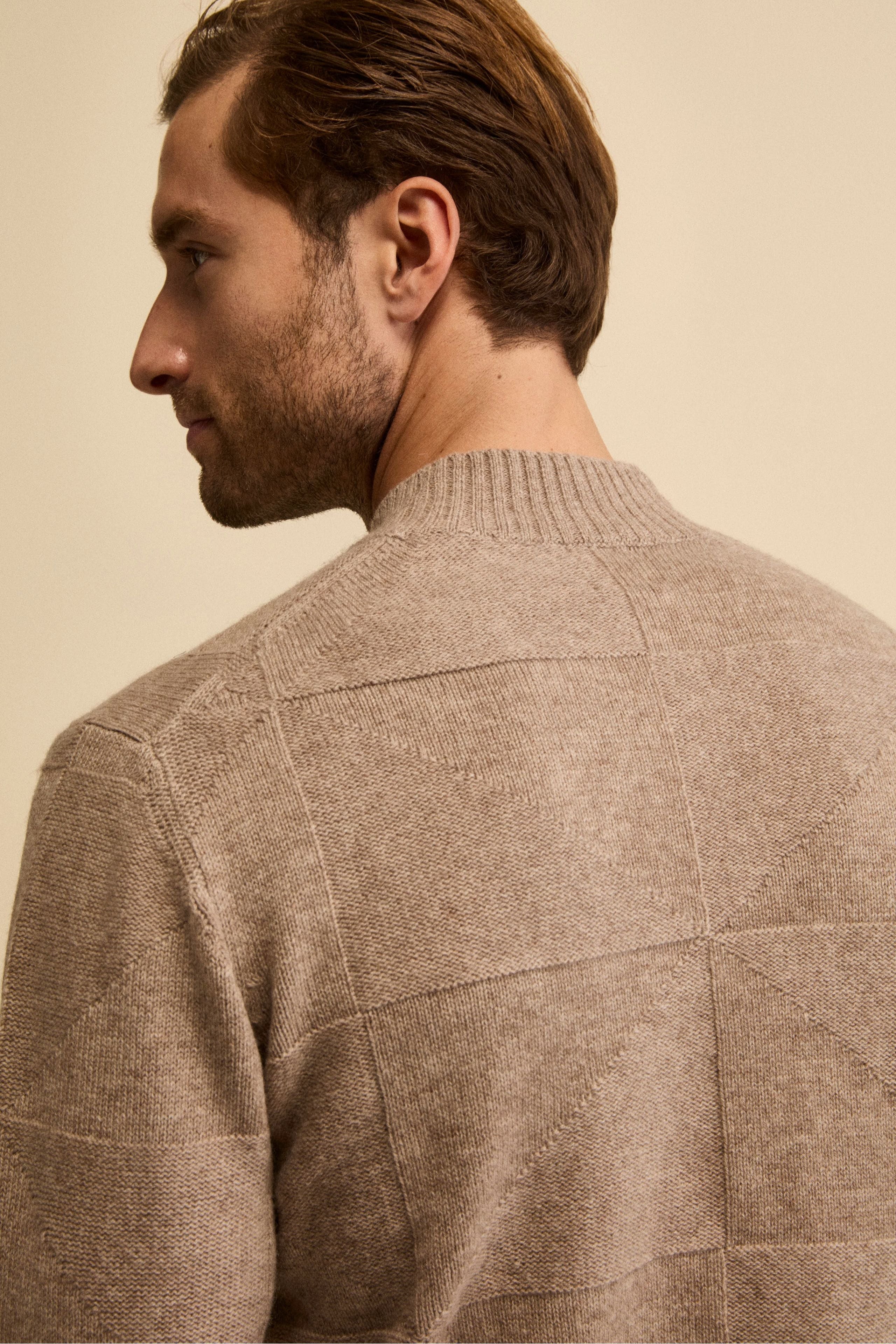 Jacquard Mock Neck in Wool and Cashmere - Brown melange