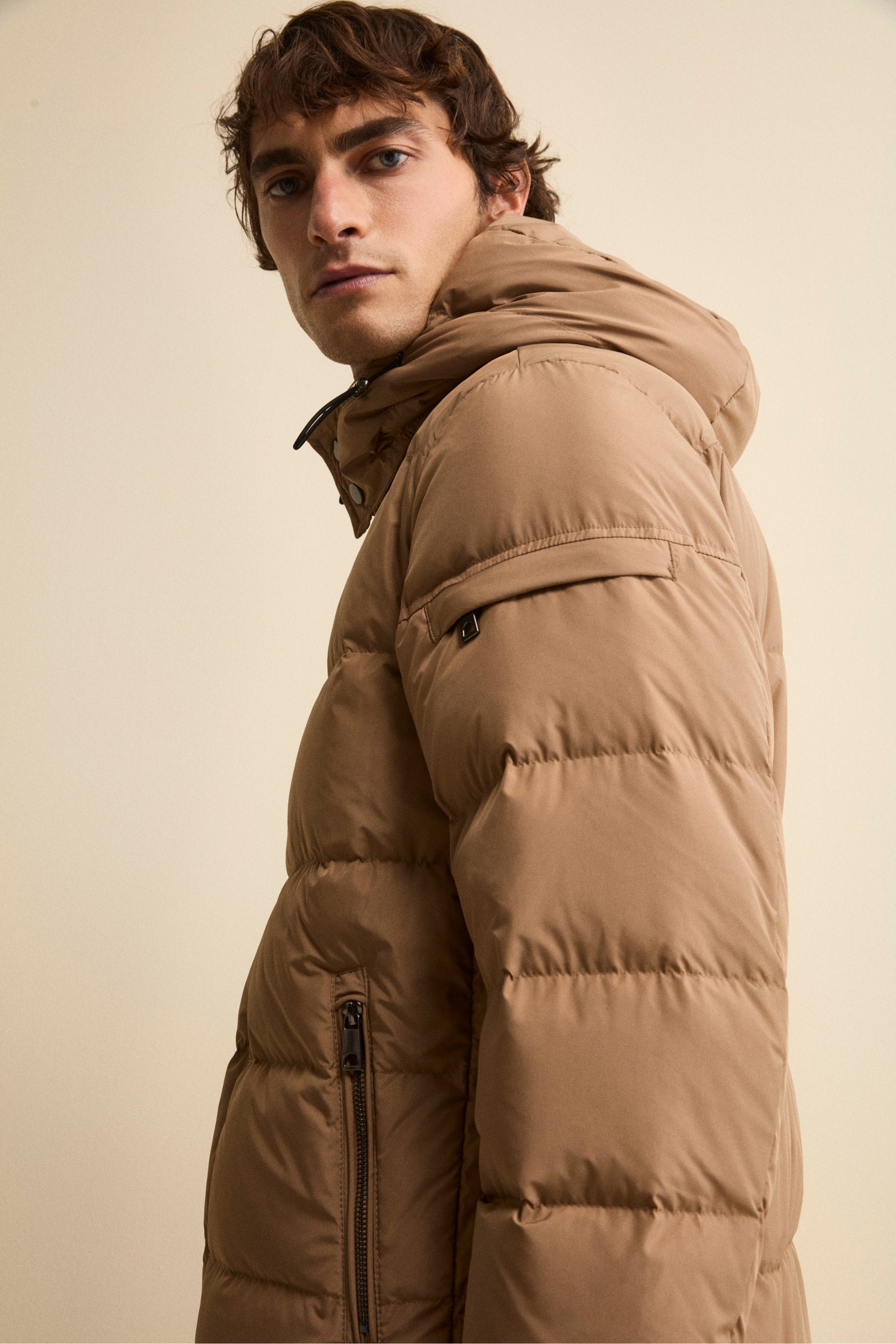 Down Jacket with Removable Hood - Camel