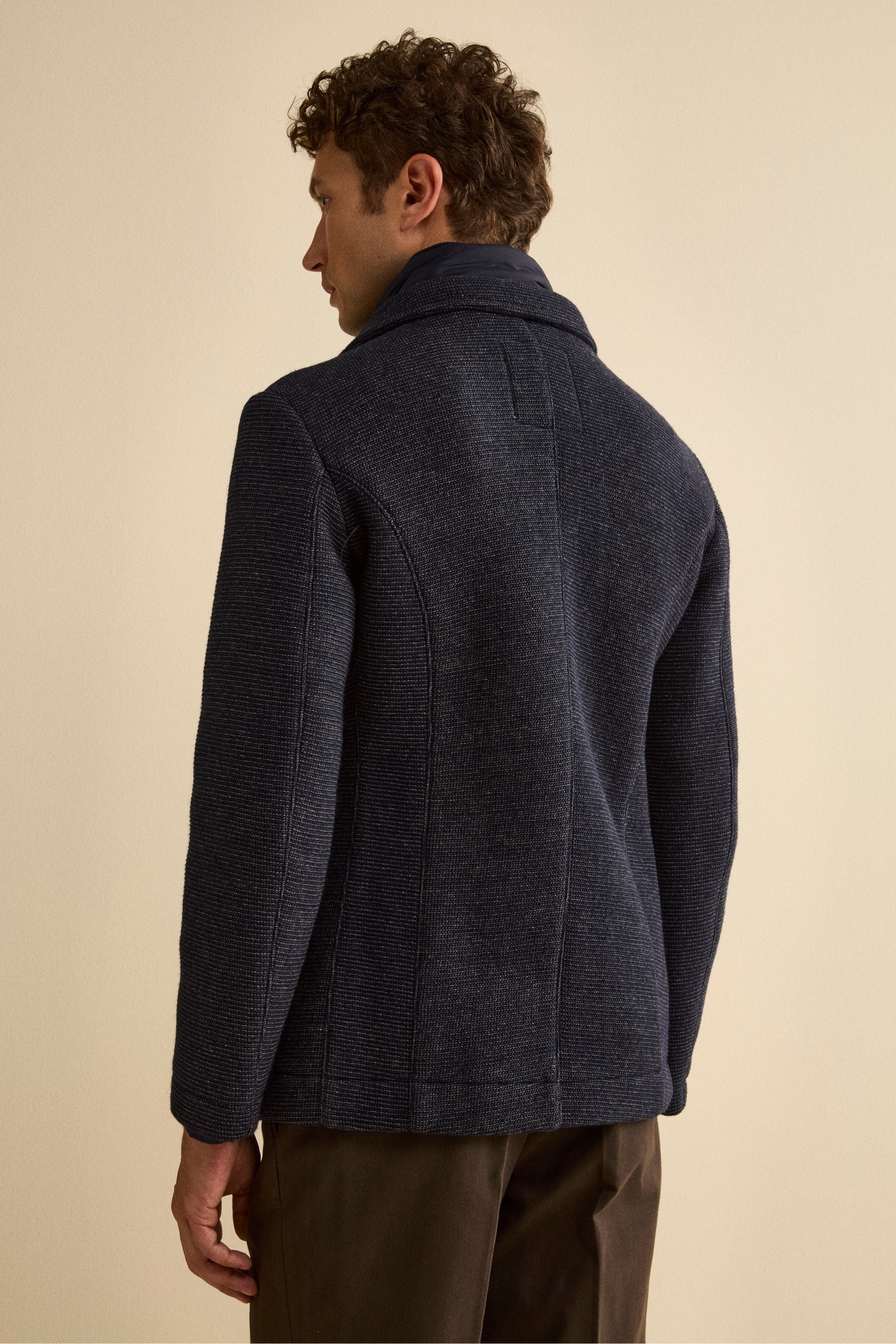 Wool-Blend Double-Breasted Peacoat with Bib - Blue melange