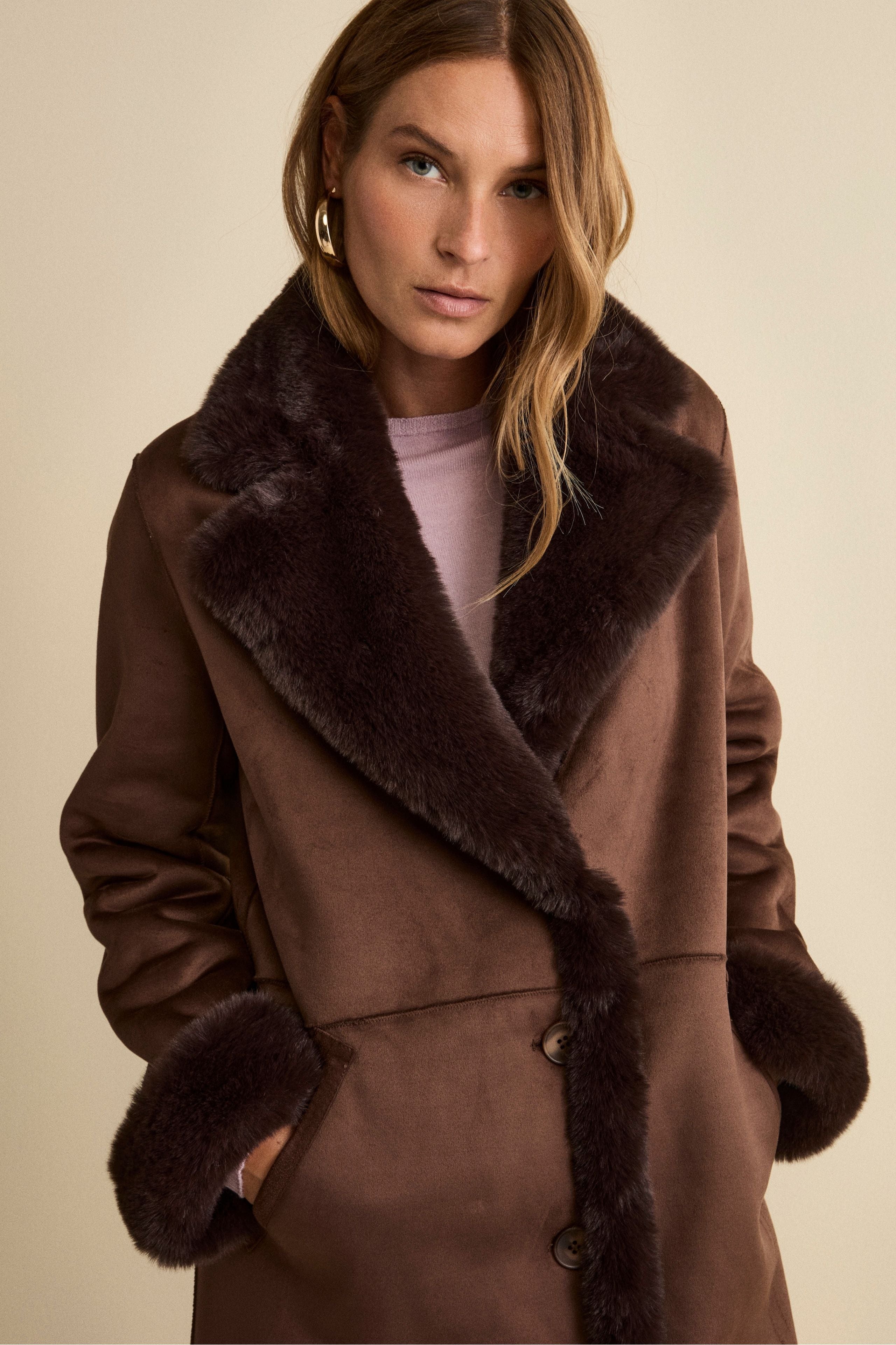 Midi Eco-Shearling Coat - Dark brown