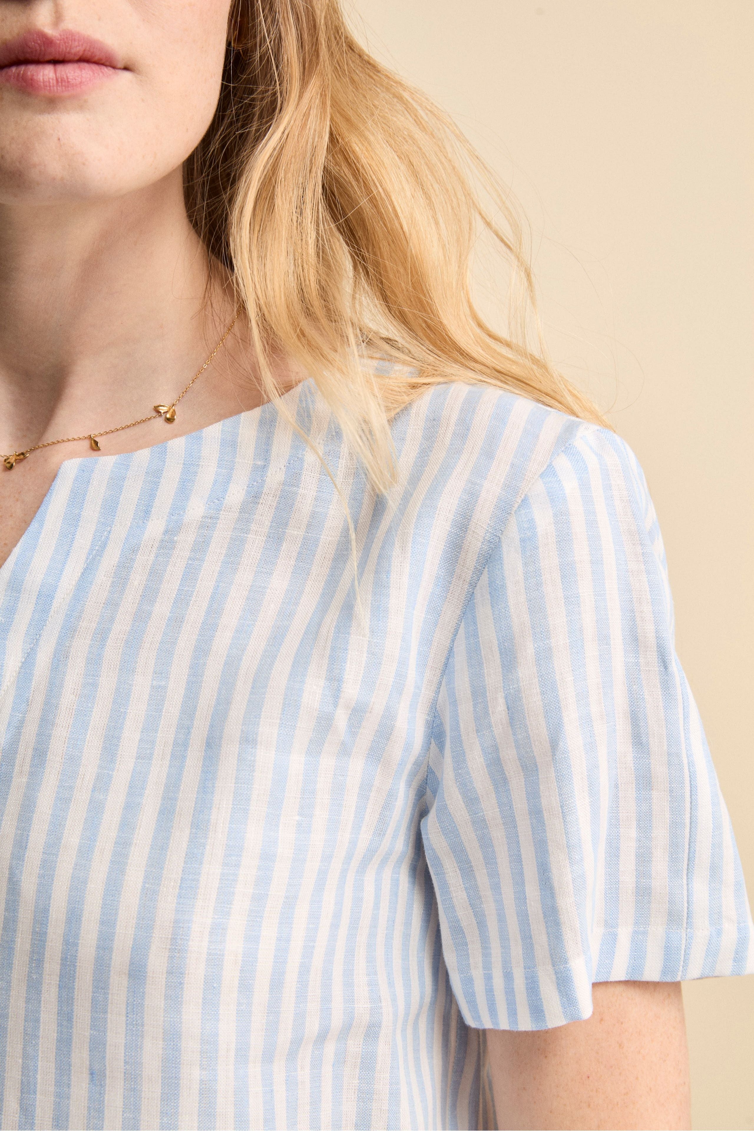 Blusa Over Girocollo in Lino - AZZURRO RIGATO