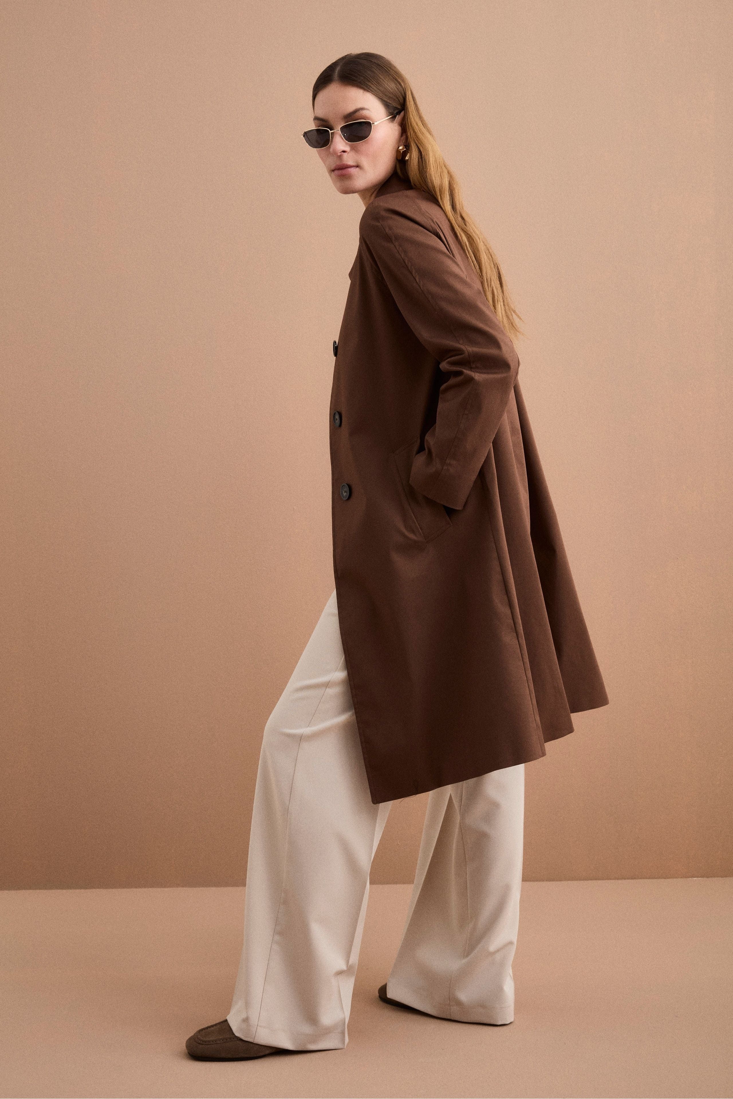Gefütterter Einreihiger Trenchcoat mit Hemdkragen - Gebranntes Braun