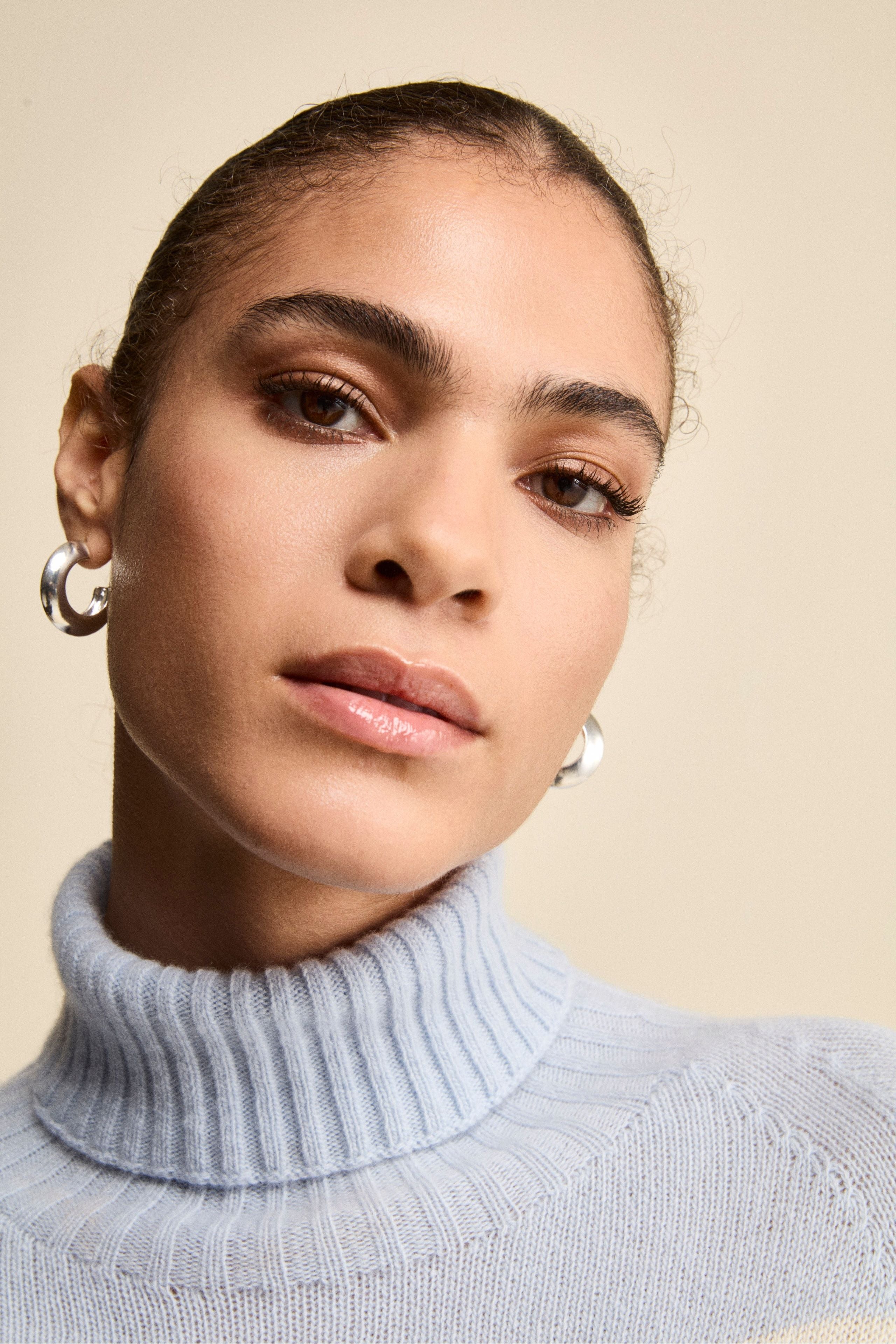 Striped Wool and Cashmere Turtleneck with Raglan Sleeves - LIGHT BLUE/ECRU