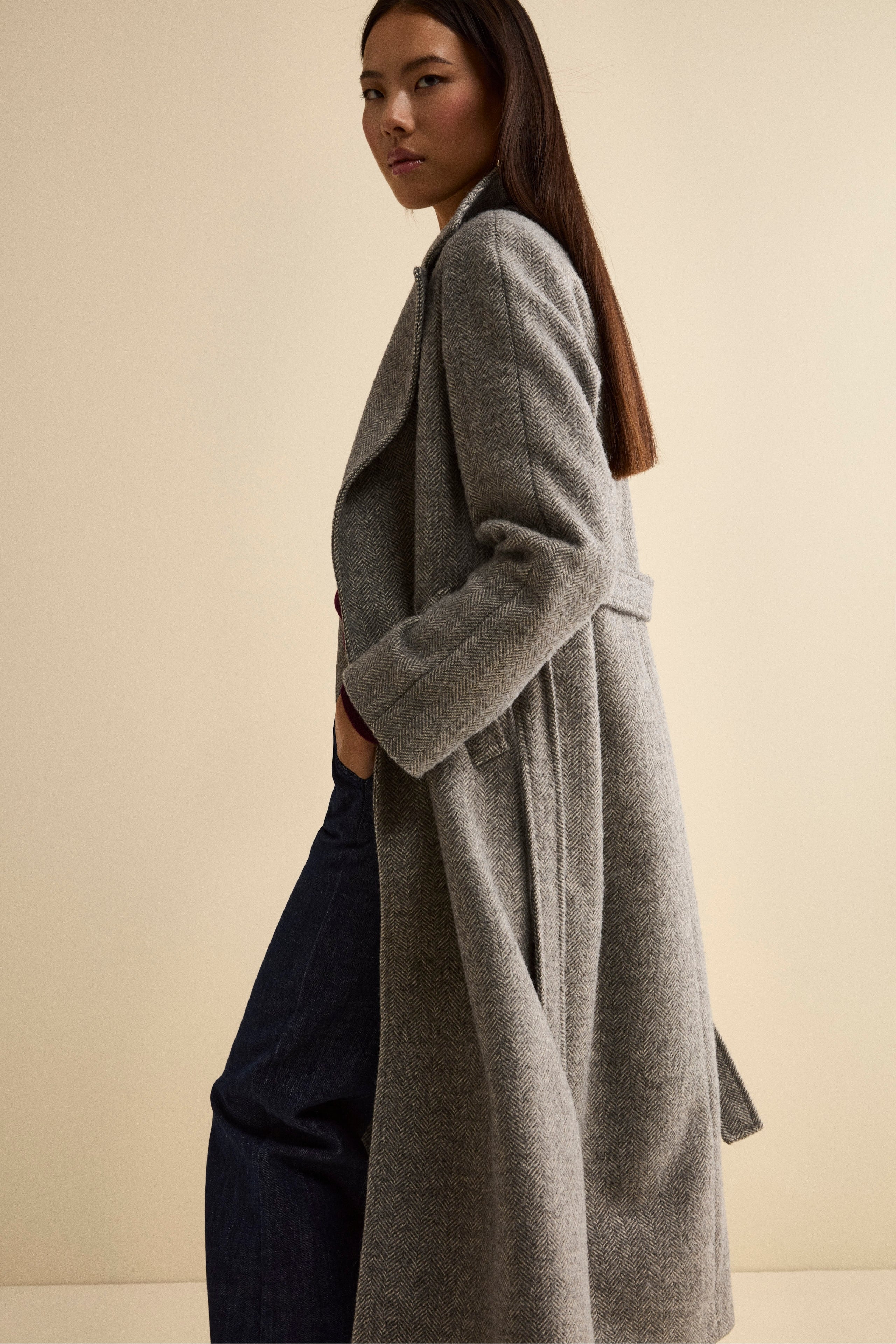 Wrap Coat with Belt in Wool Blend - Grey herringbone