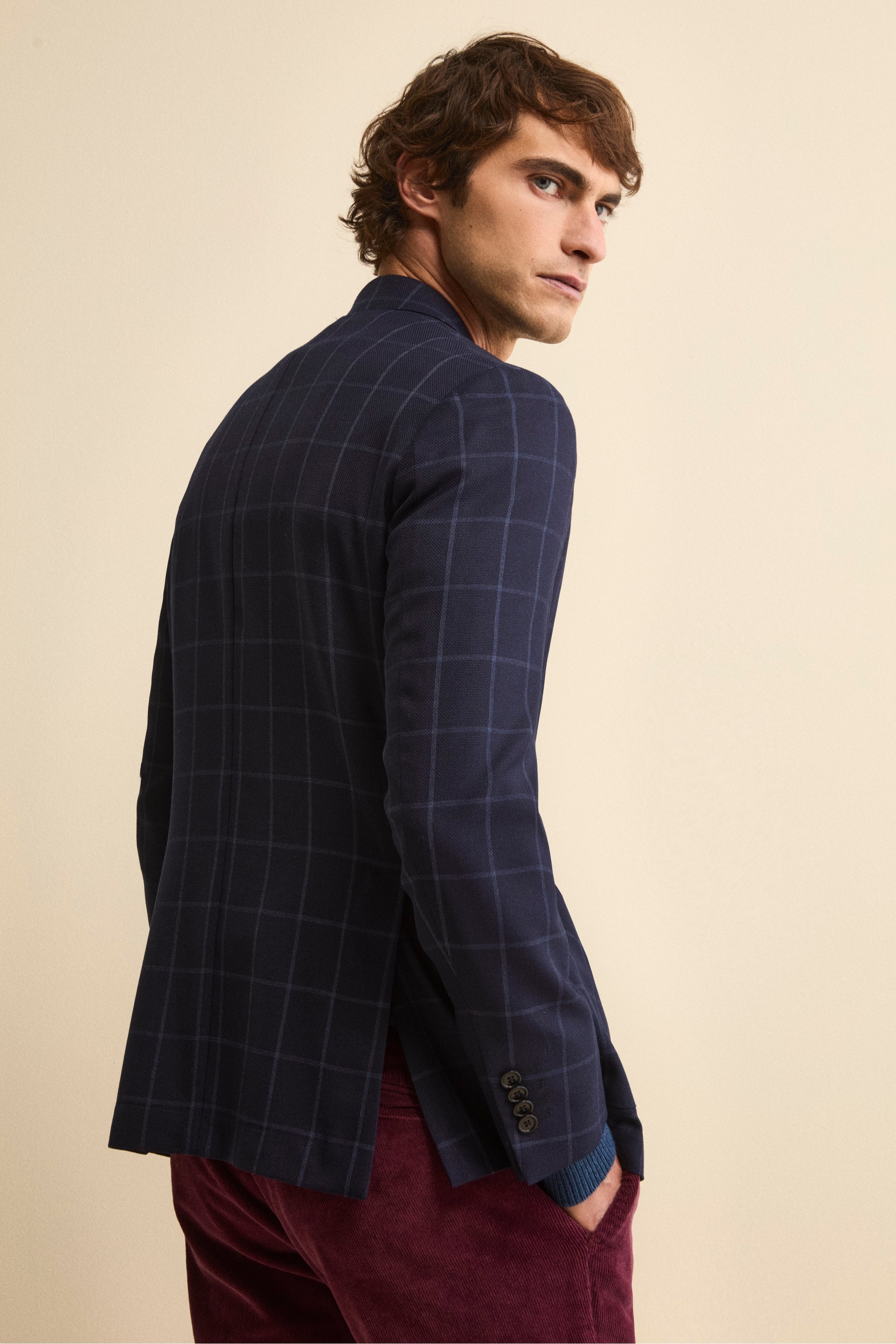 Unlined Single-Breasted Blazer in Virgin Wool - Blue check