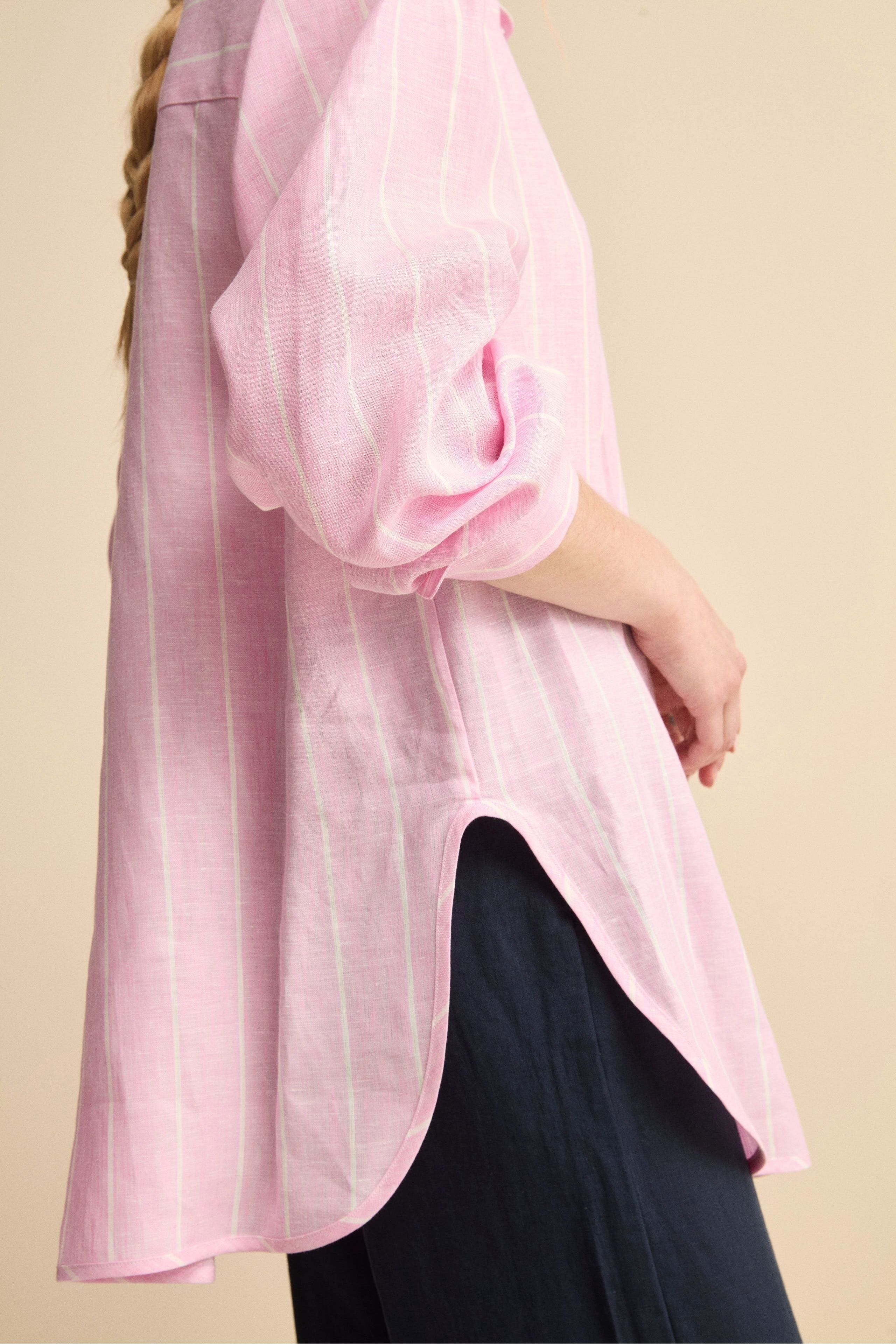 Camicia Over in Lino con Taschino - ROSA RIGATO