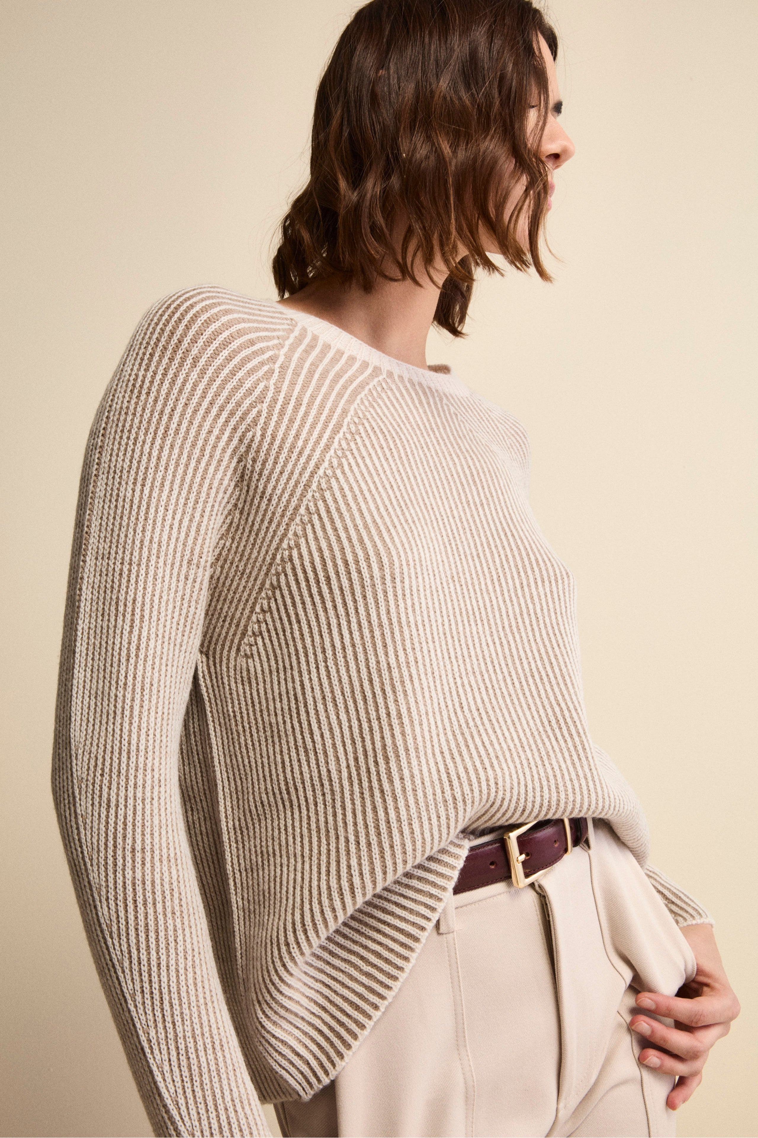 Patterned Merino Wool Sweater (English Rib) - Beige pattern