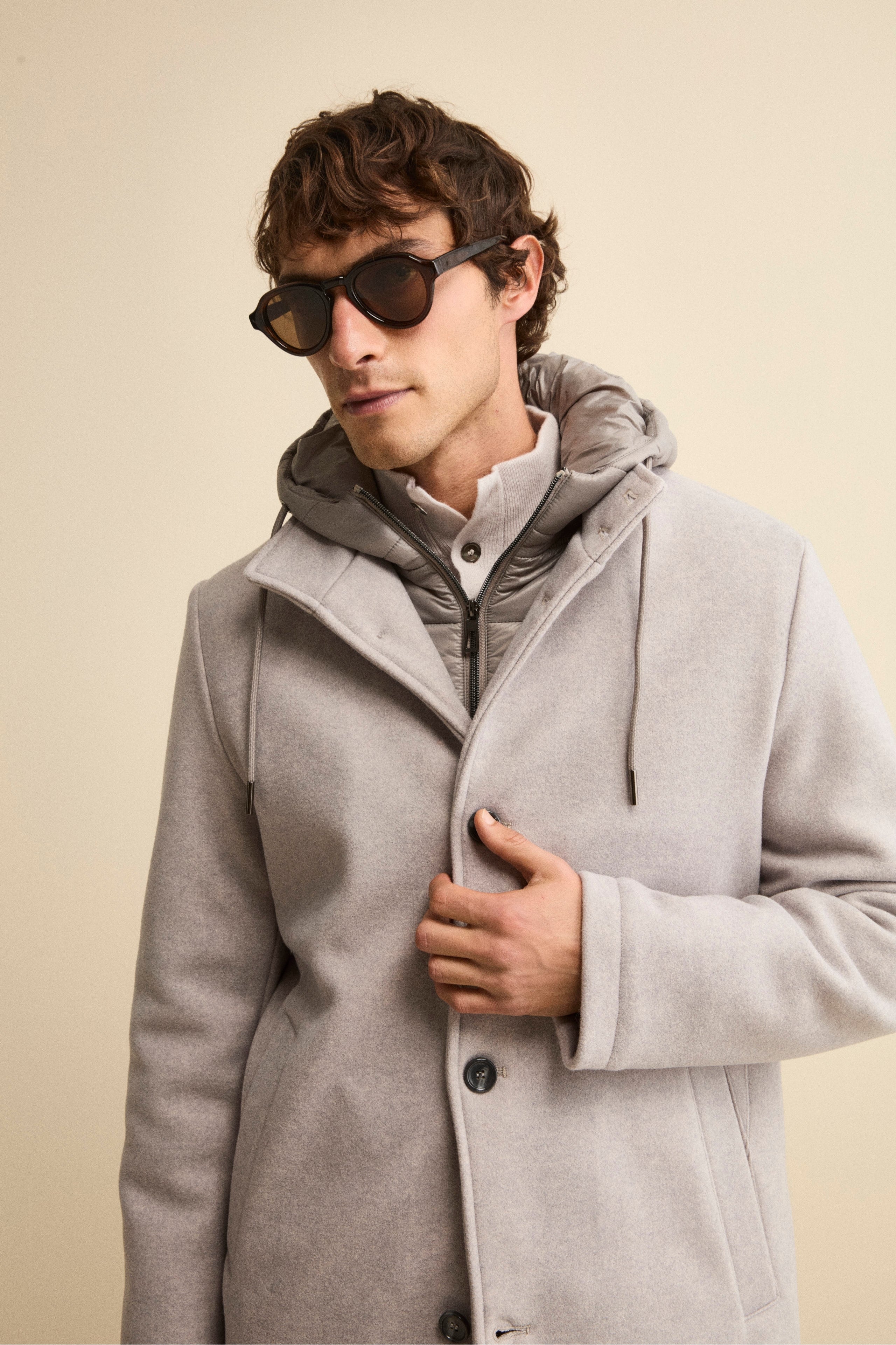 Wool Blend Coat with Removable Hood - Light grey