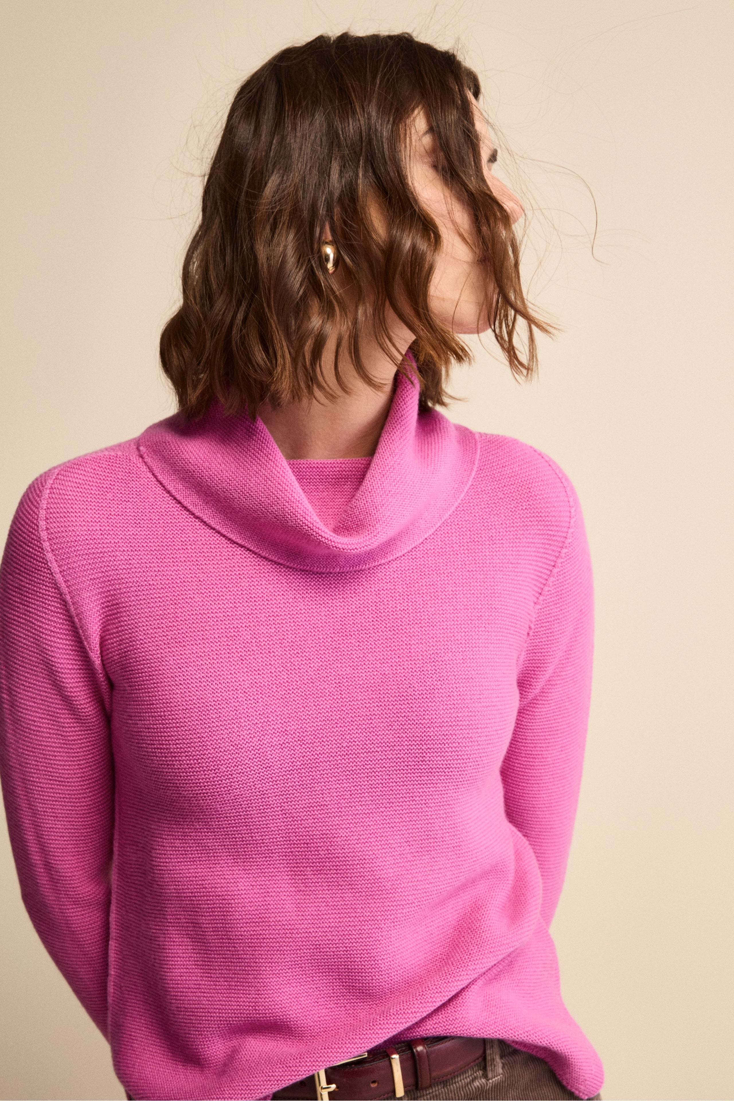 Sweater with Side Slits in Merino Wool - Fuchsia