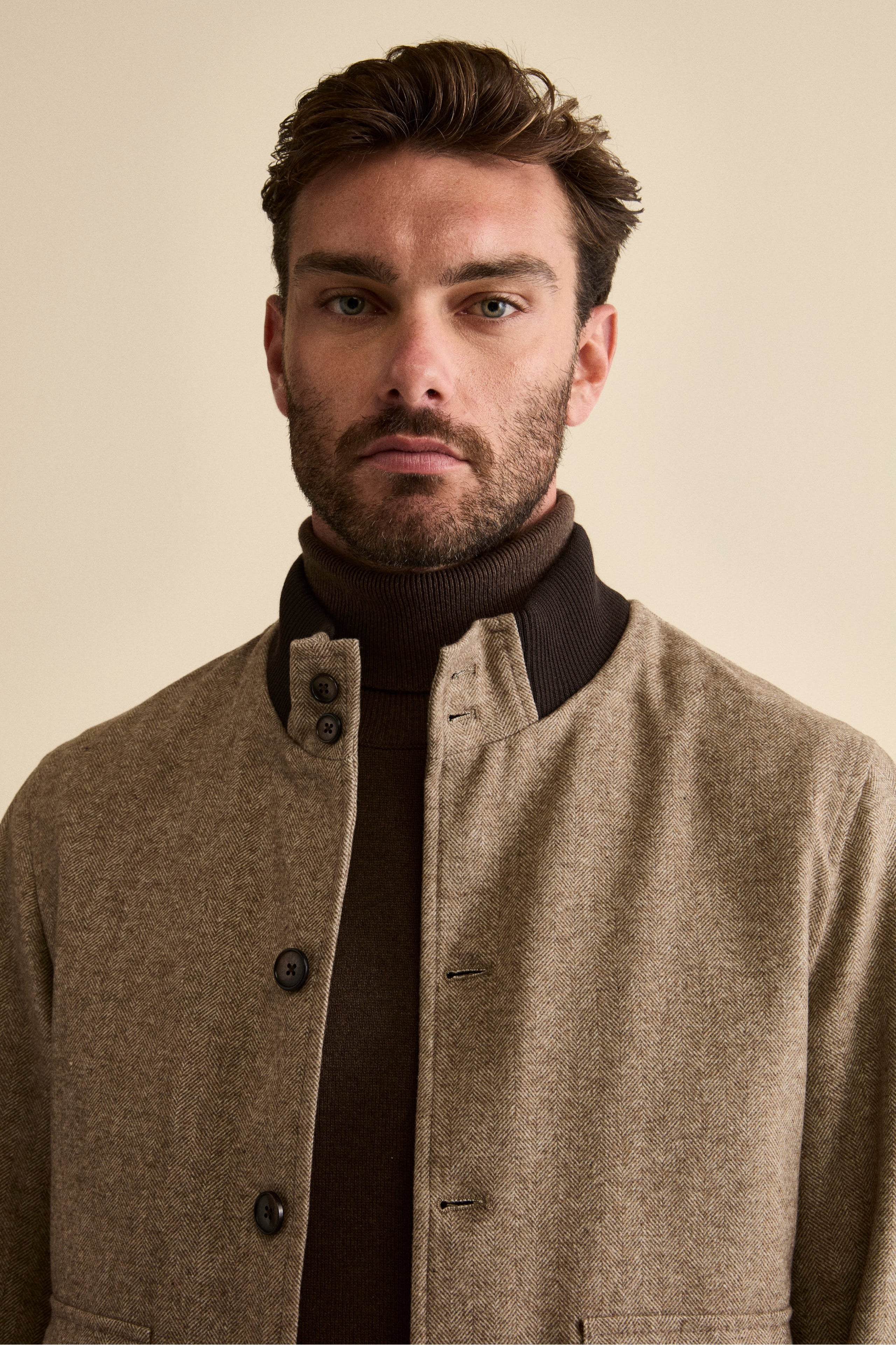 Herringbone Bomber with Pockets in Wool Blend - Brown herringbone