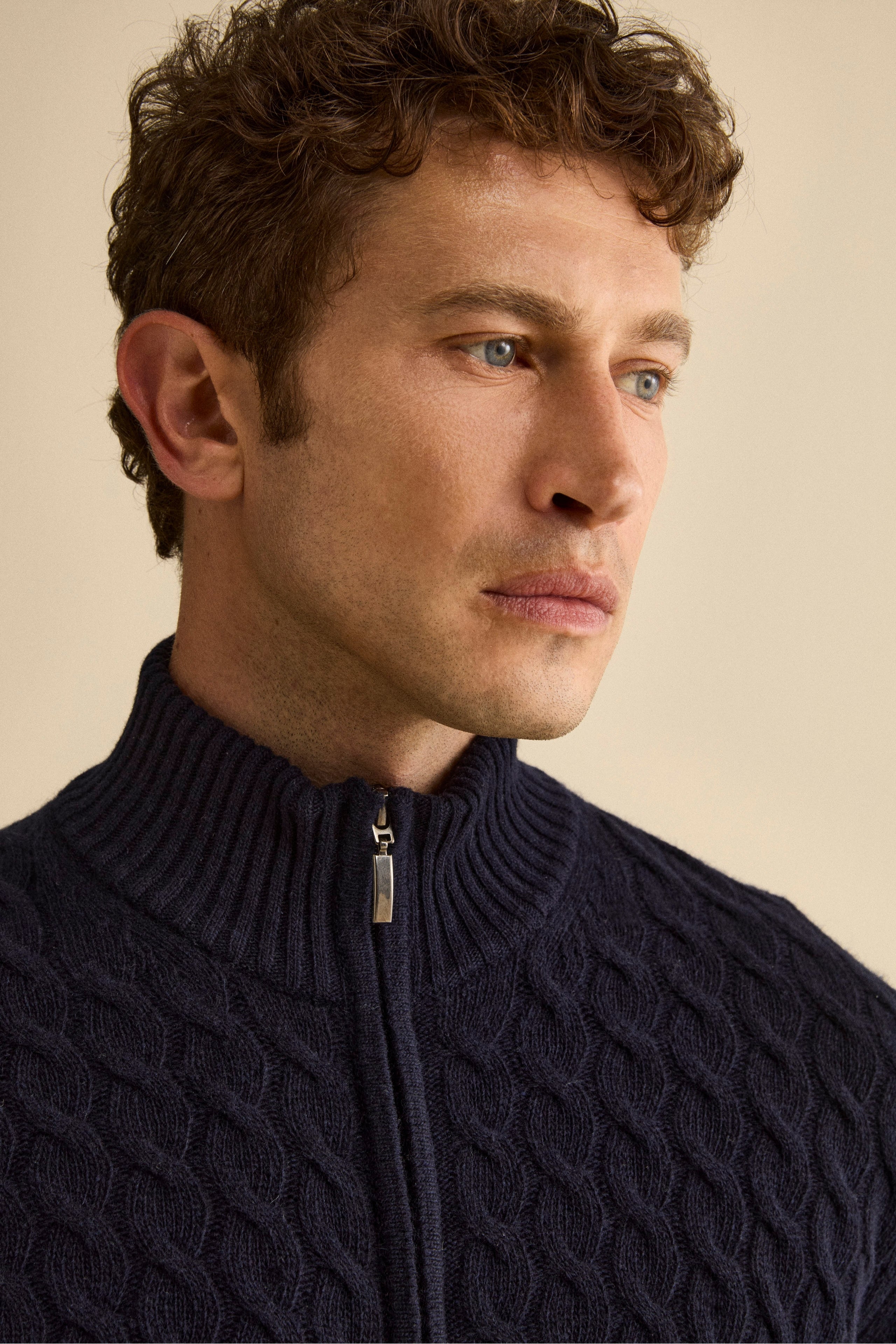 Cable-Knit Wool Bomber with Mock Neck - BLUE