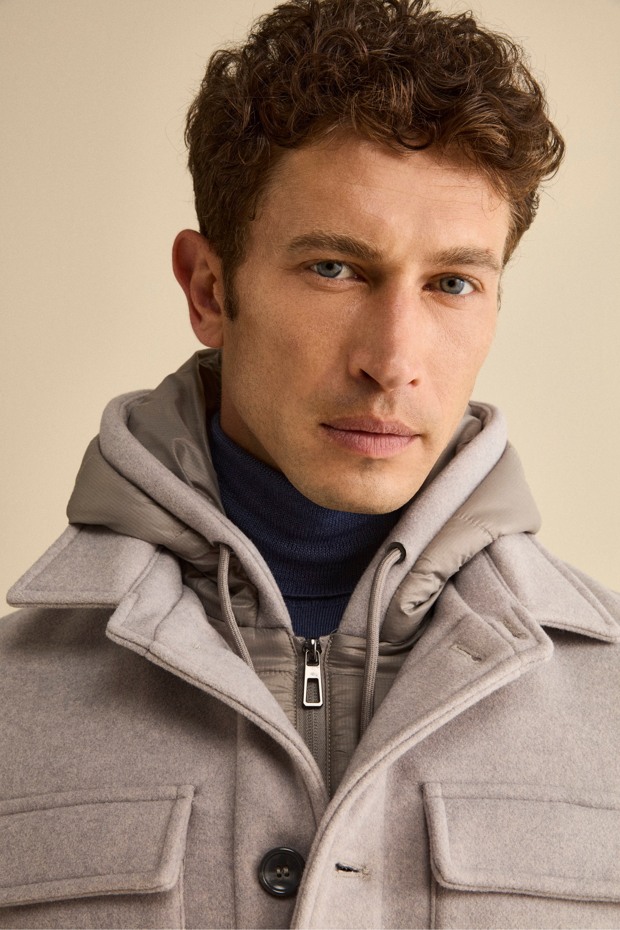 Short Wool-Blend Coat with Removable Bib - Light grey