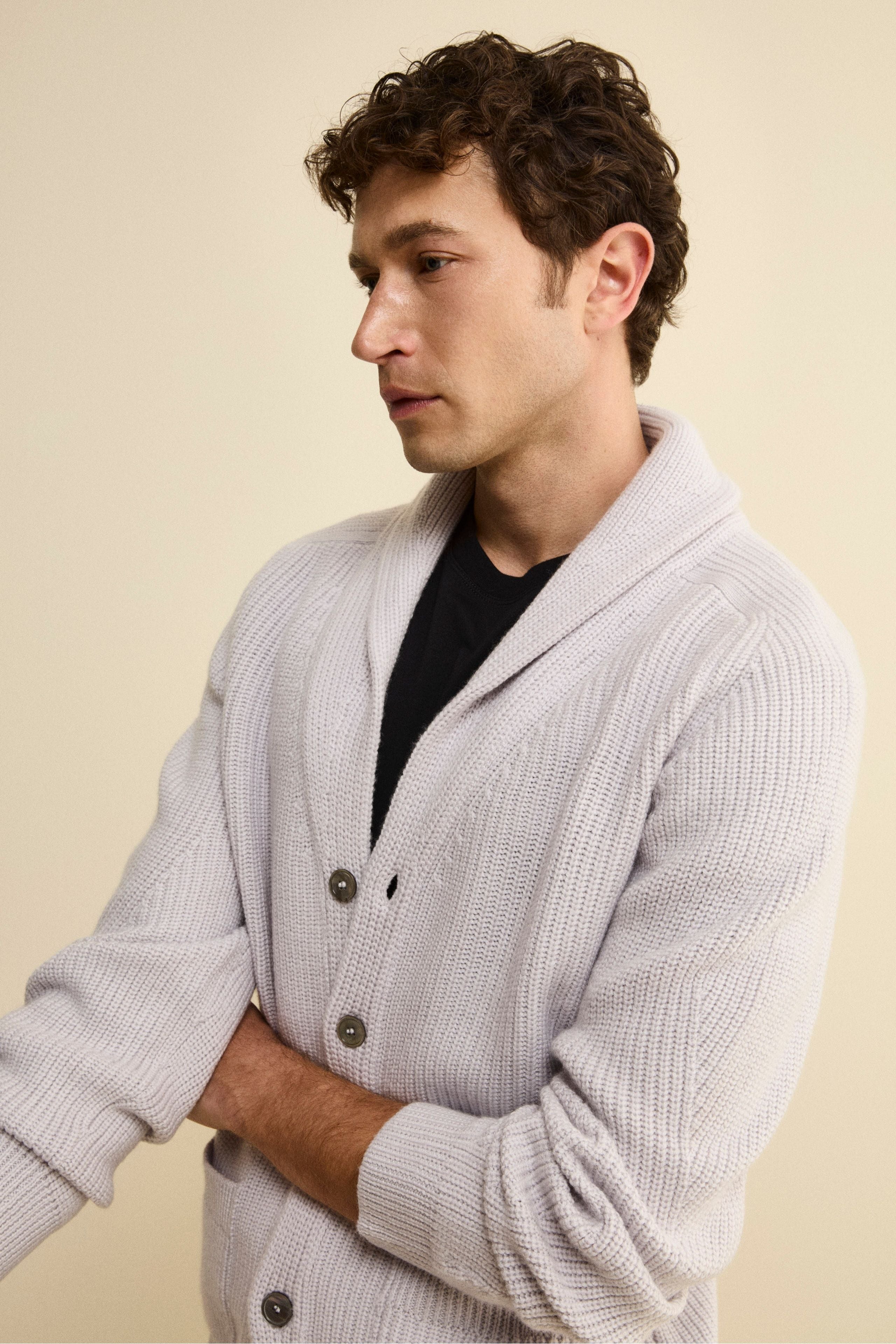 English Rib Merino Wool Cardigan - Light grey