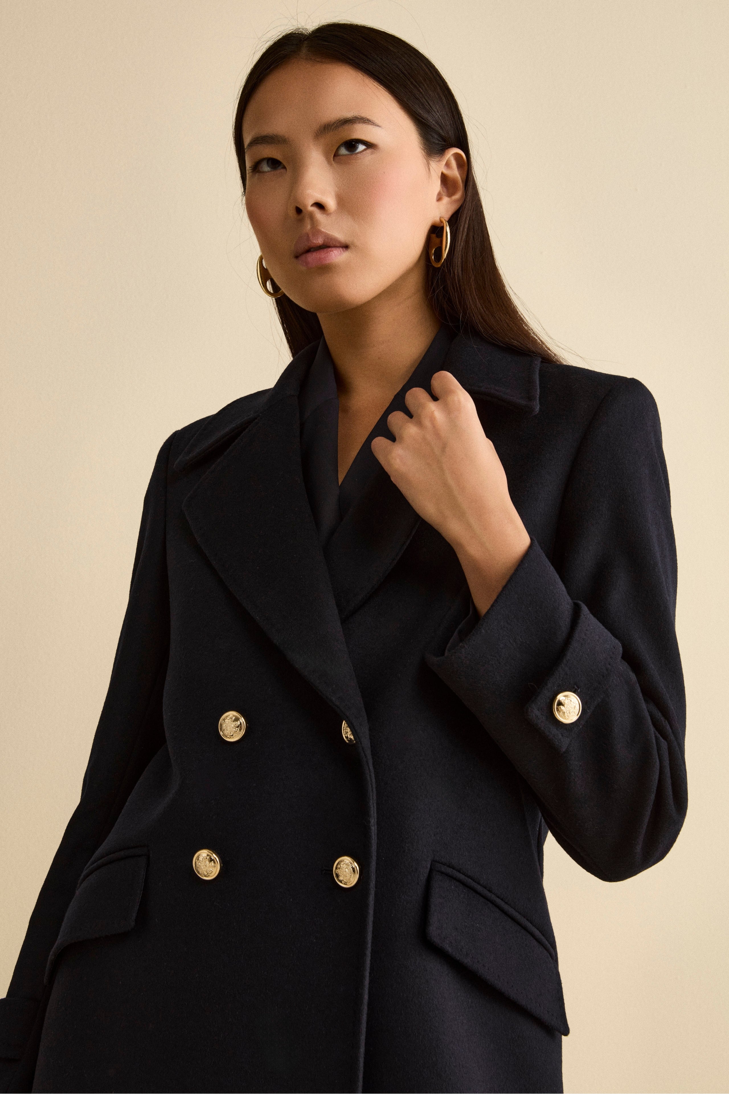 Long Double-Breasted Coat in Wool and Cashmere Blend - BLUE