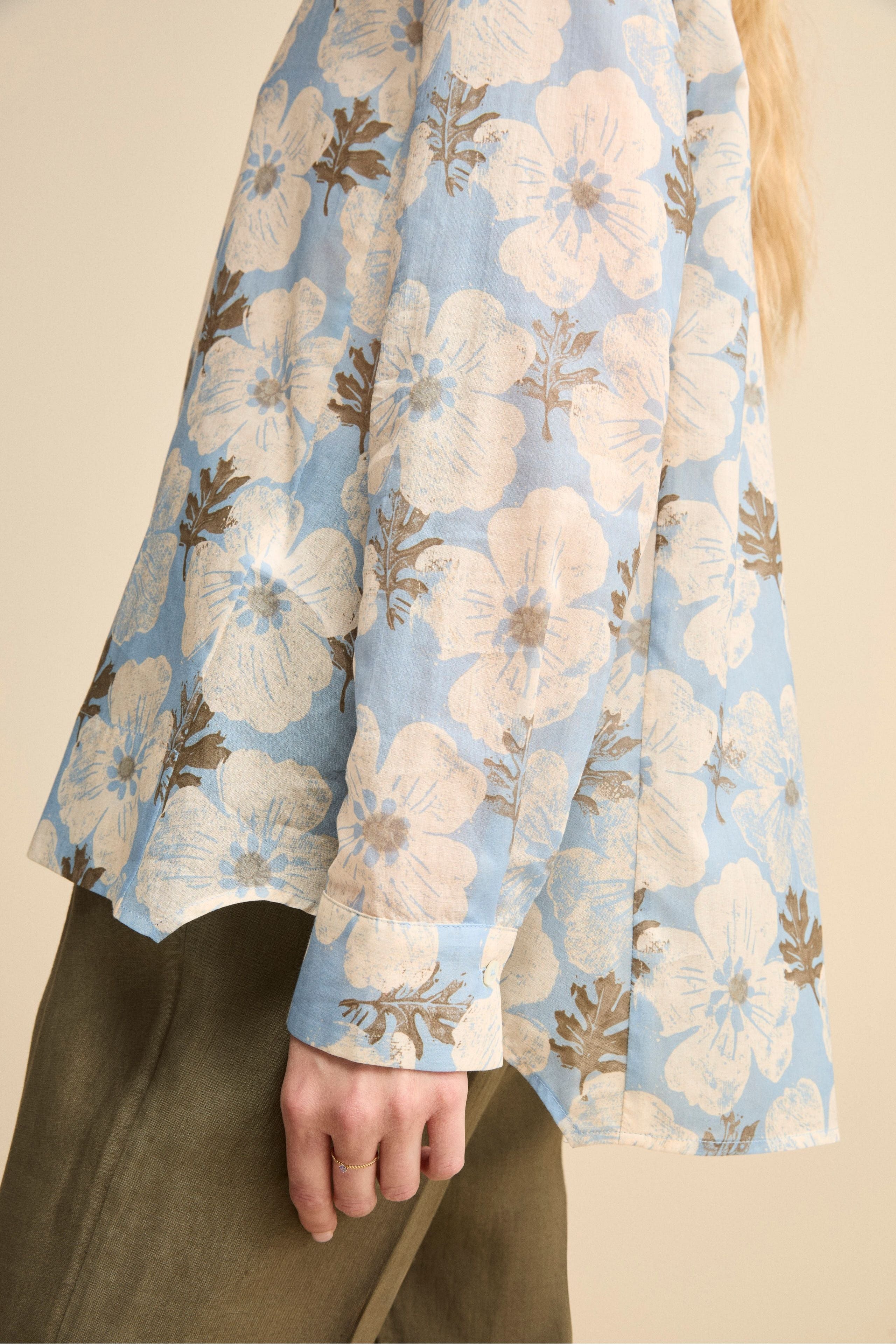 Camicia Over Floreale in Voile di Cotone - FANT. BIANCO/AZZURRO