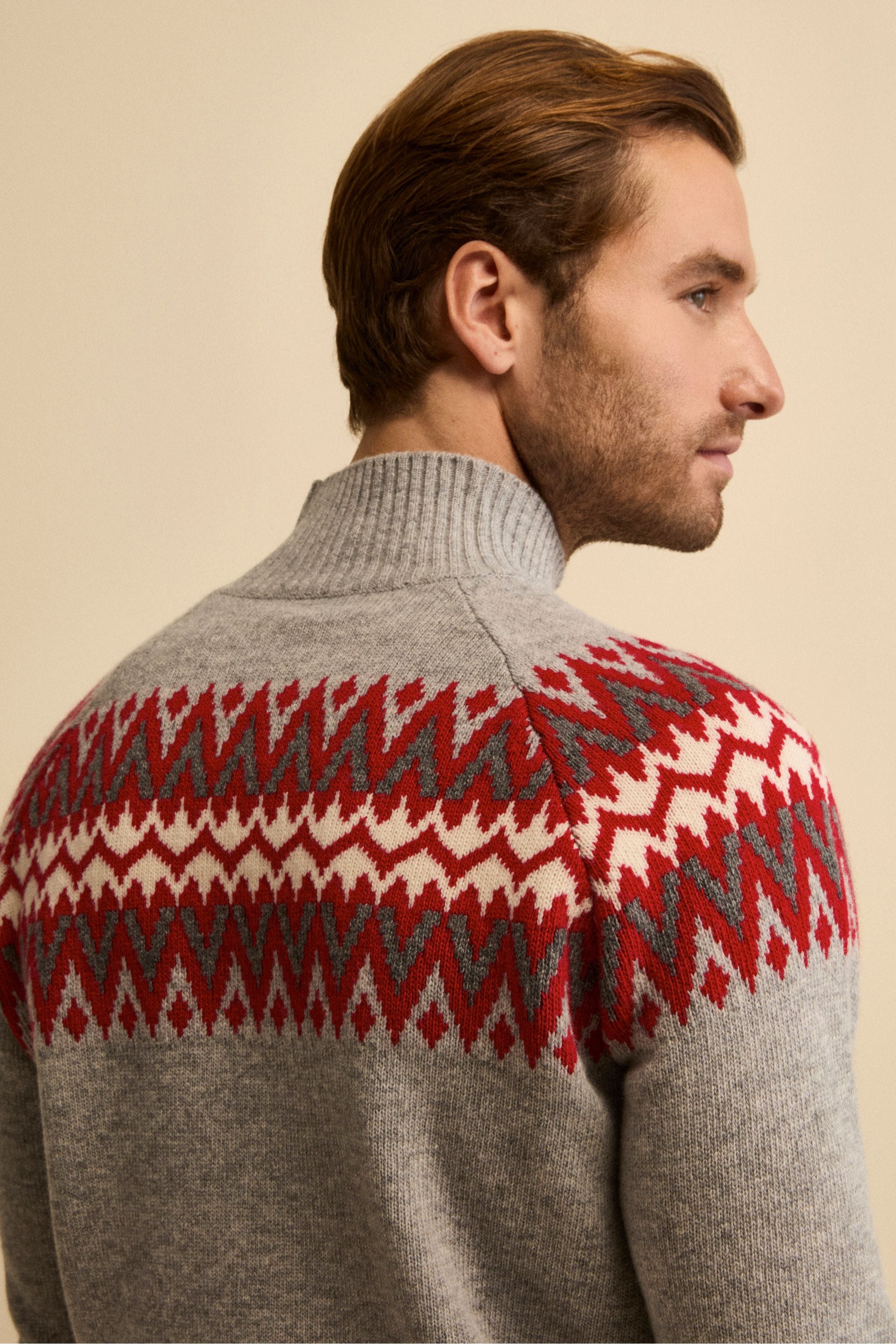 Jacquard Norwegian Mock Neck in Merino Wool - GREY/RED