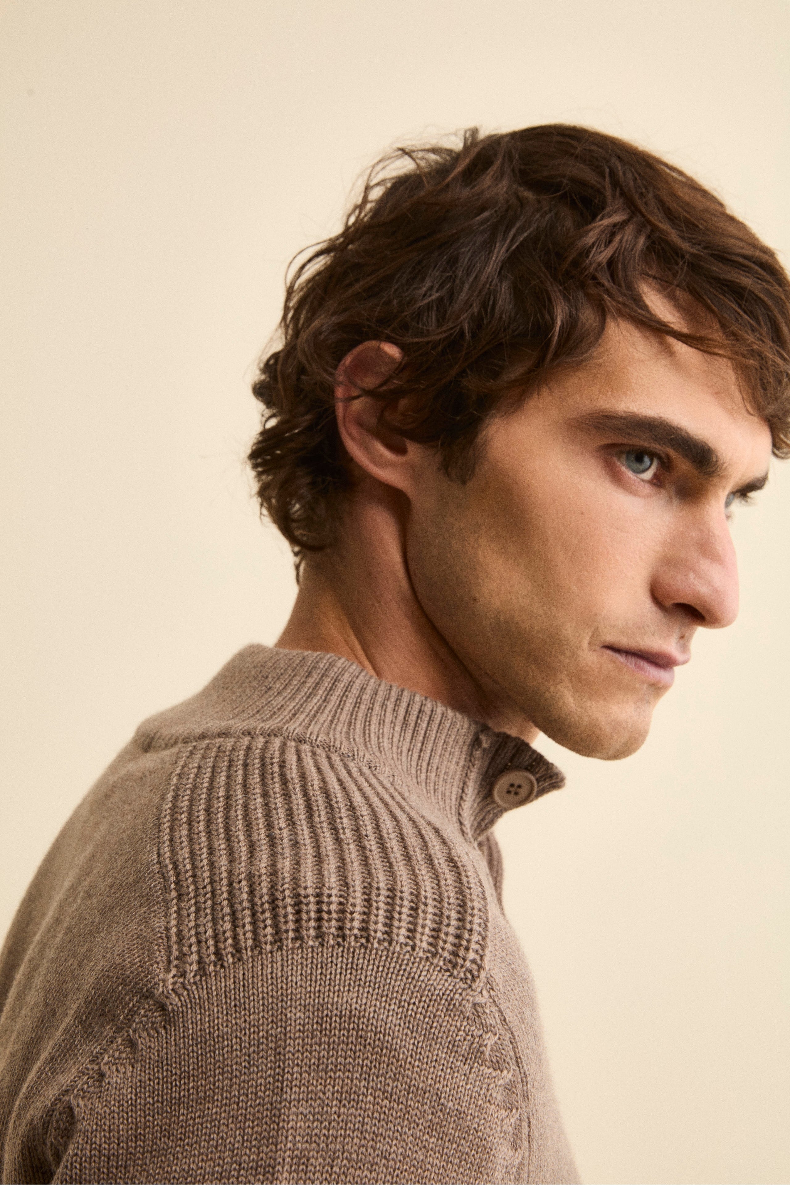 Buttoned Mock Neck in Mouline Virgin Wool - gray