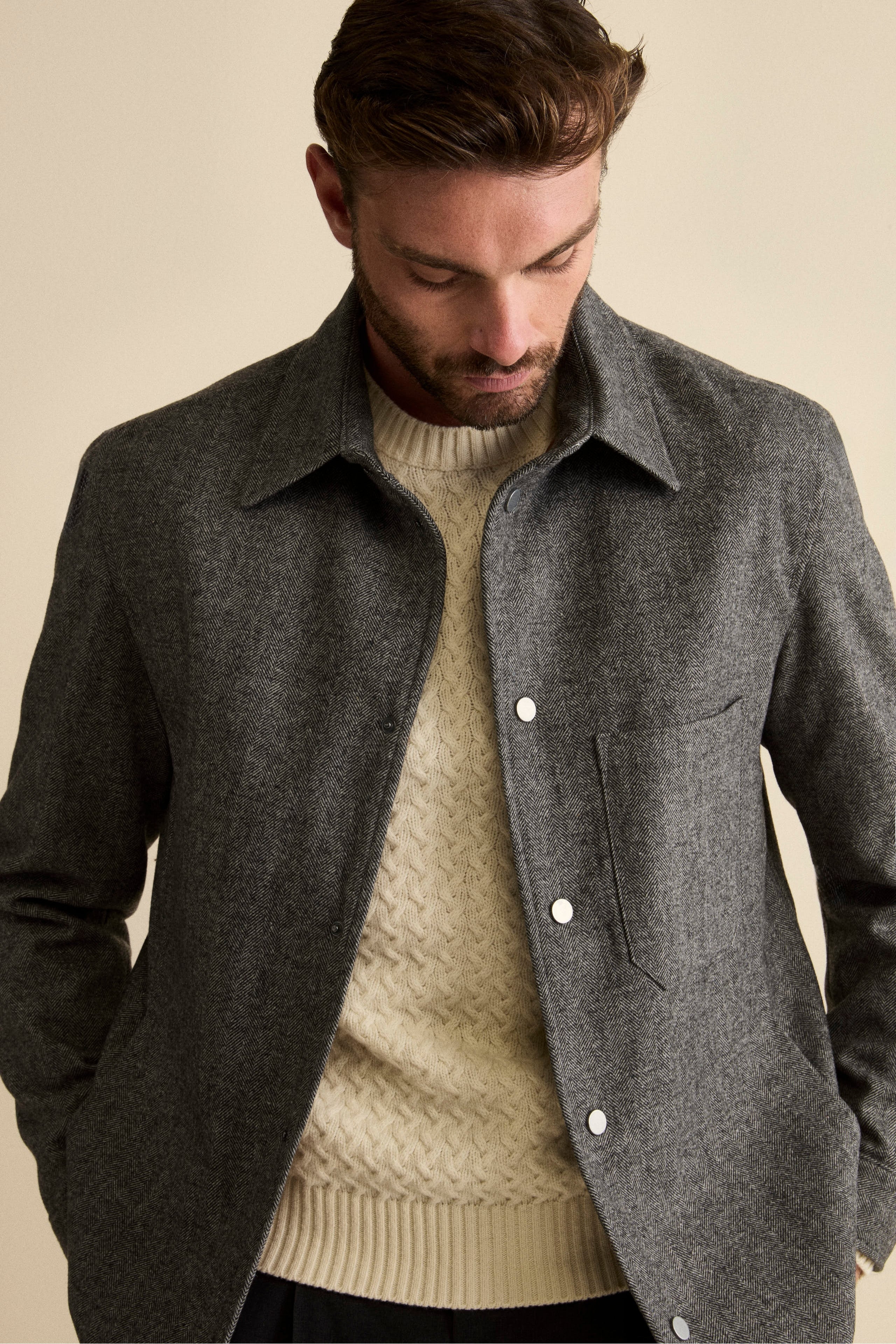 Overshirt Jacket in Wool Blend - grey herringbone