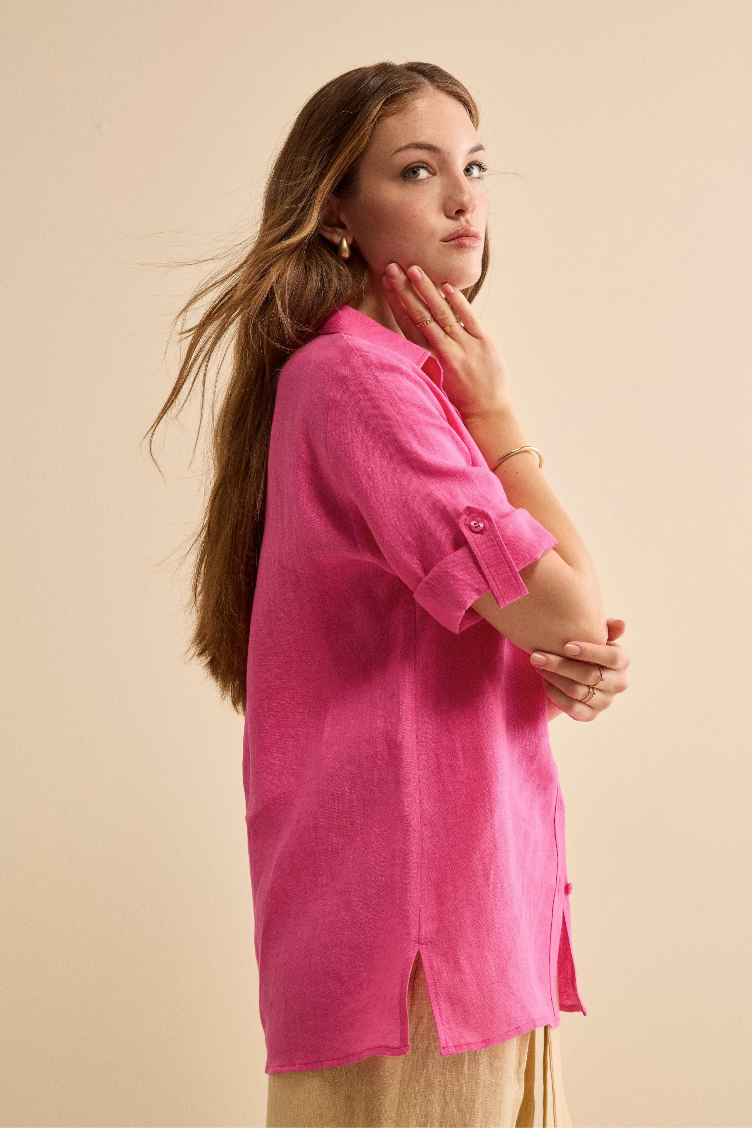 Camicia Over in Lino con Risvolto - FUXIA