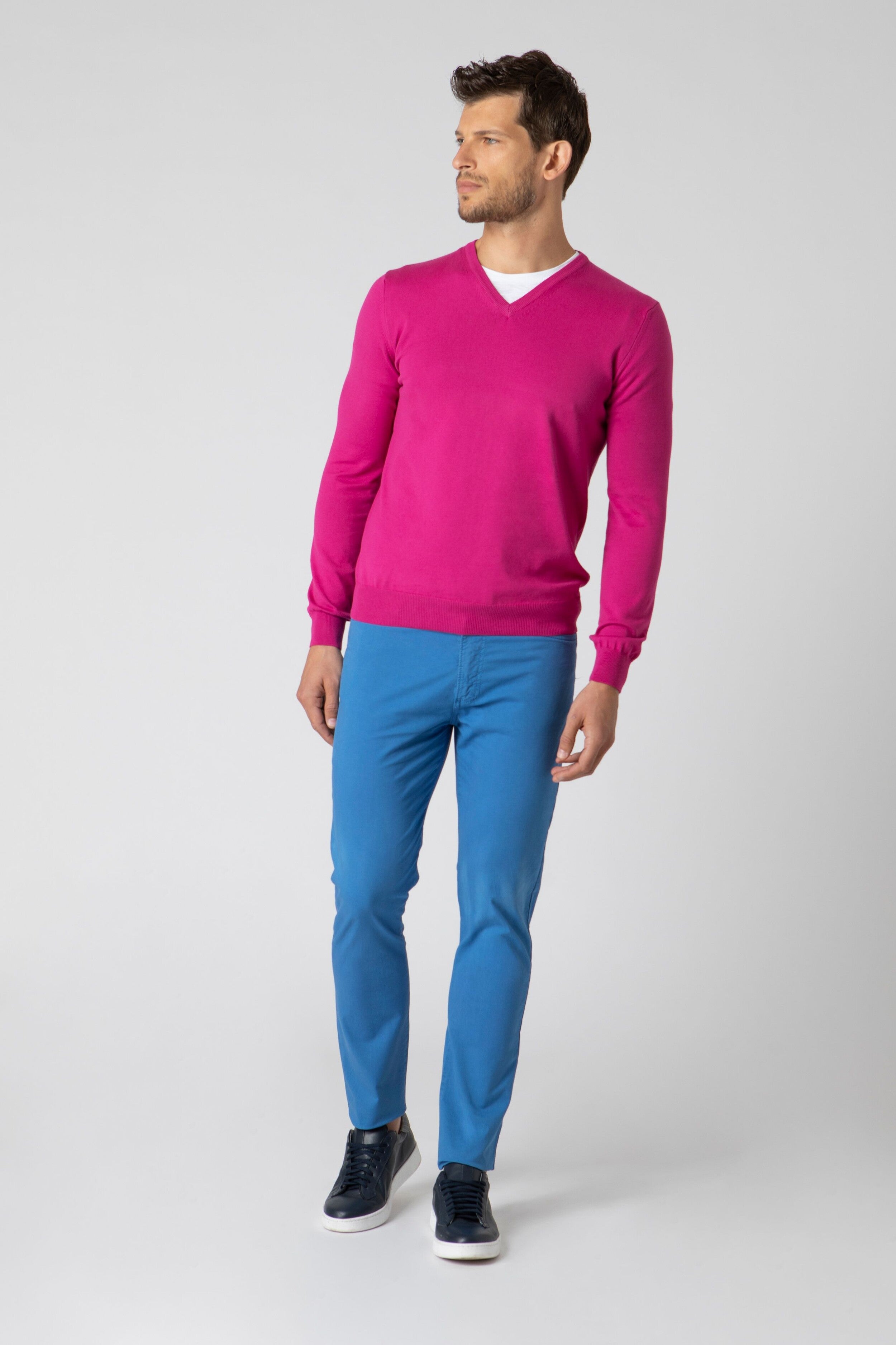 Maglione scollo V in cotone - FUXIA