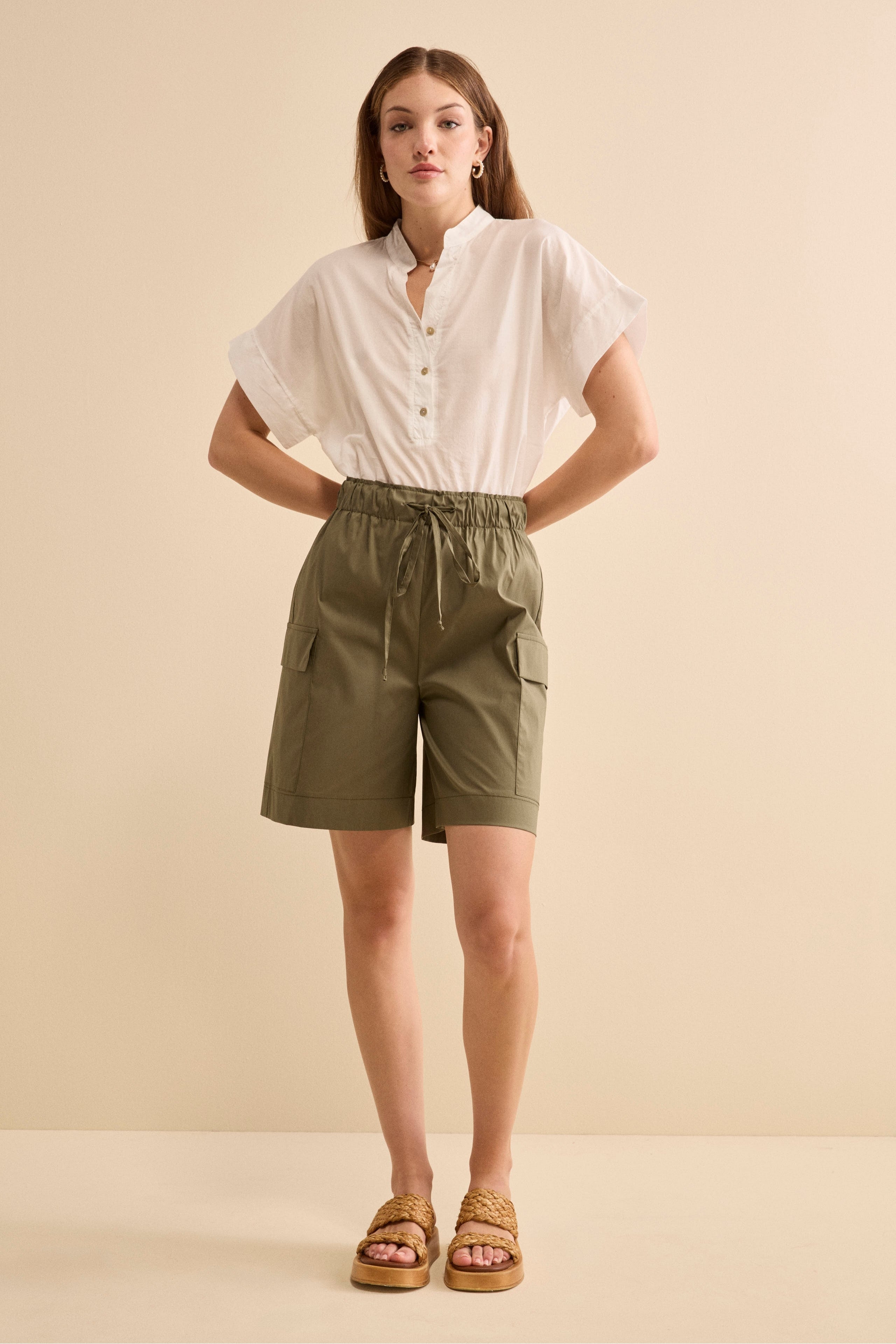 Bermuda Cargo in Tela con Coulisse - VERDE MILITARE