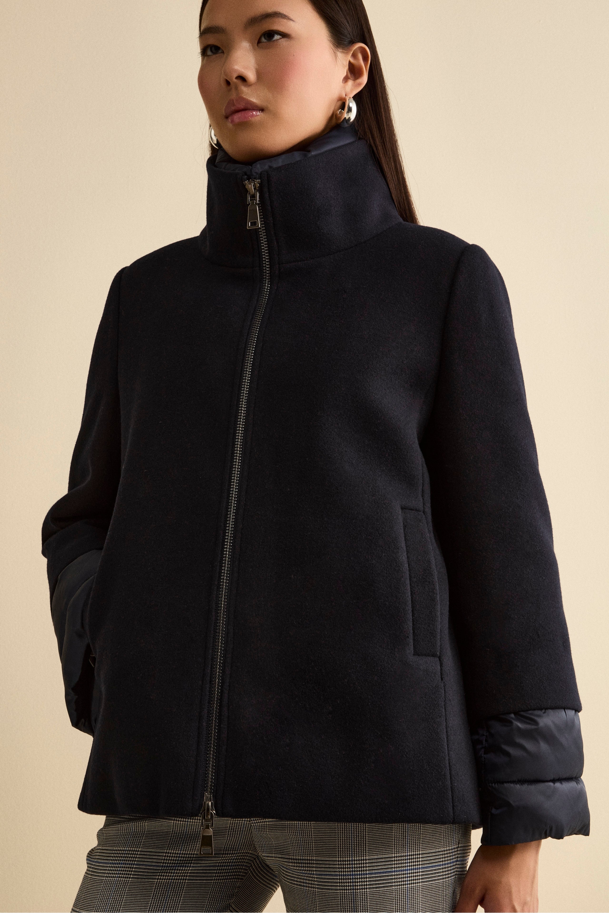 Quilted Flared Jacket with Zip - BLUE