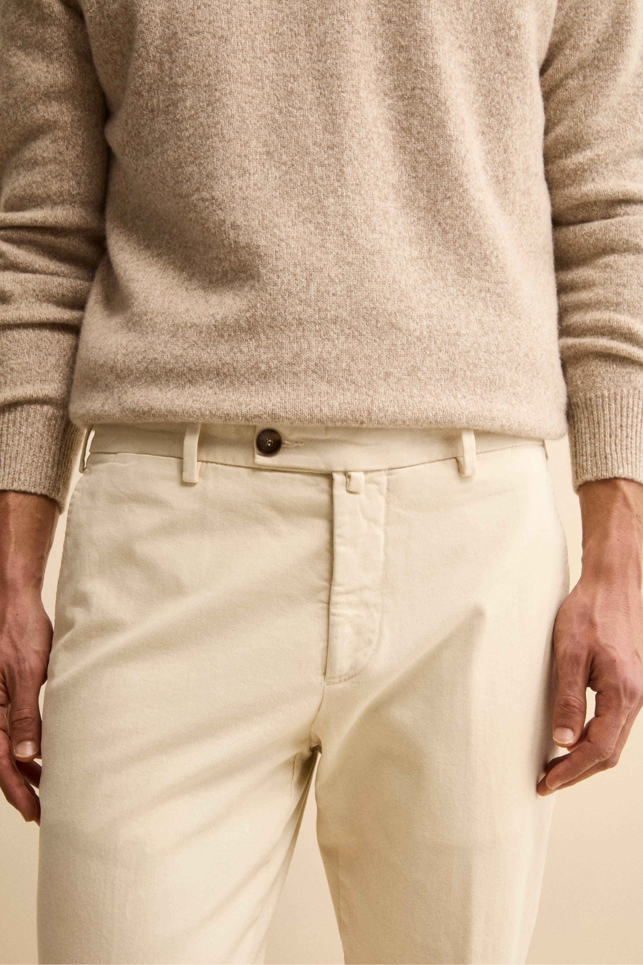 Regular Fit Stretch Cotton Trousers - Cream white