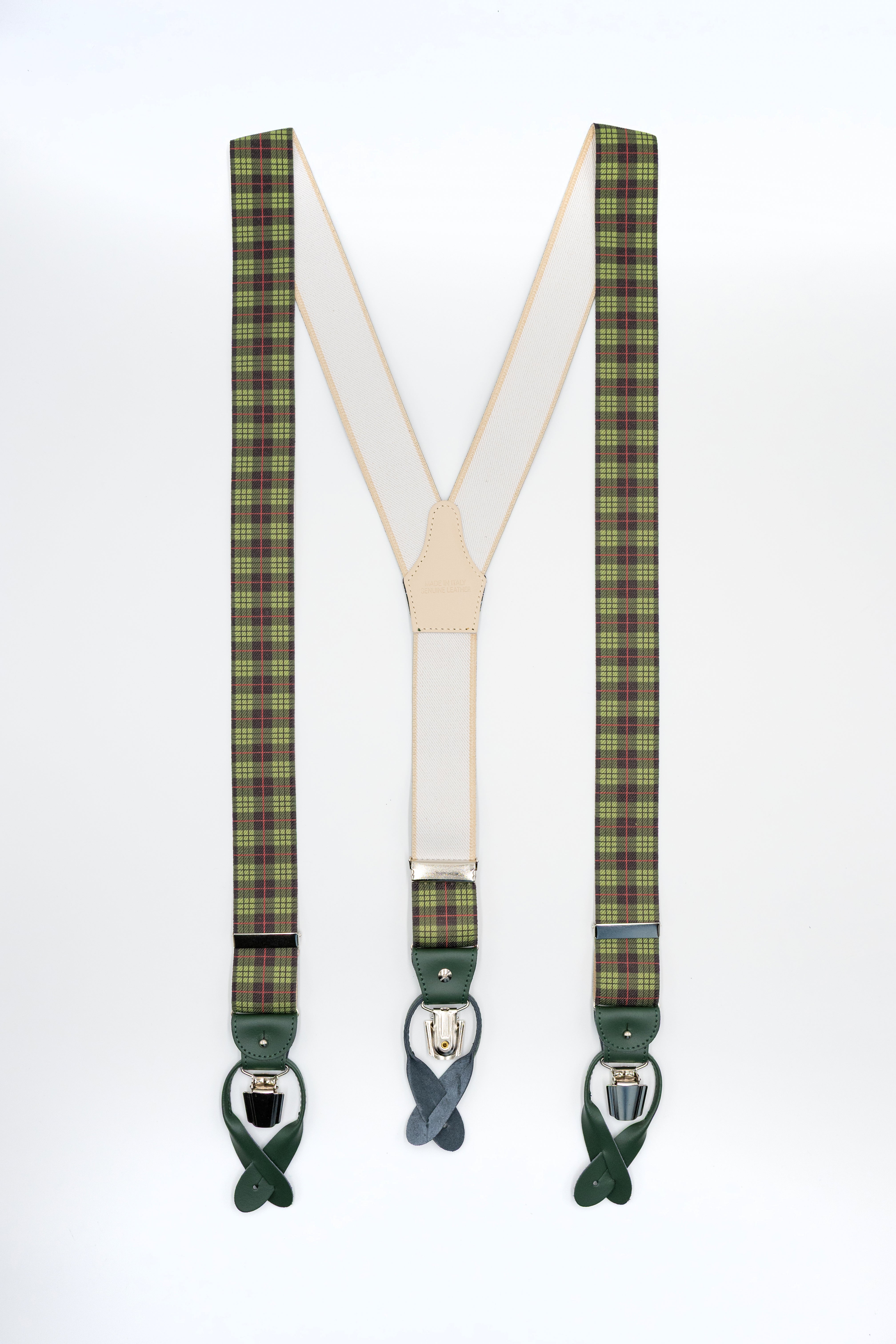 Bretelle Elasticizzate con Clip e Asole in Pelle - VERDE QUADRI