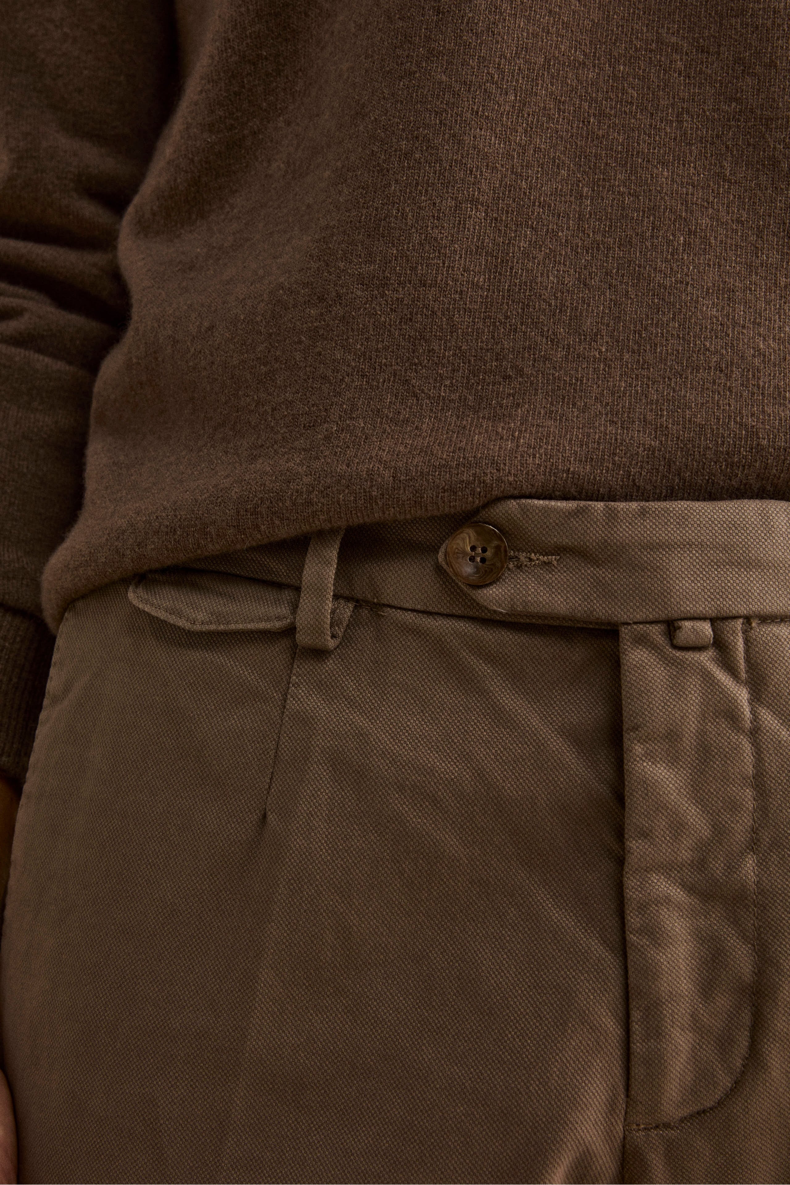 Structured Cotton Slim Fit Trousers - Brown