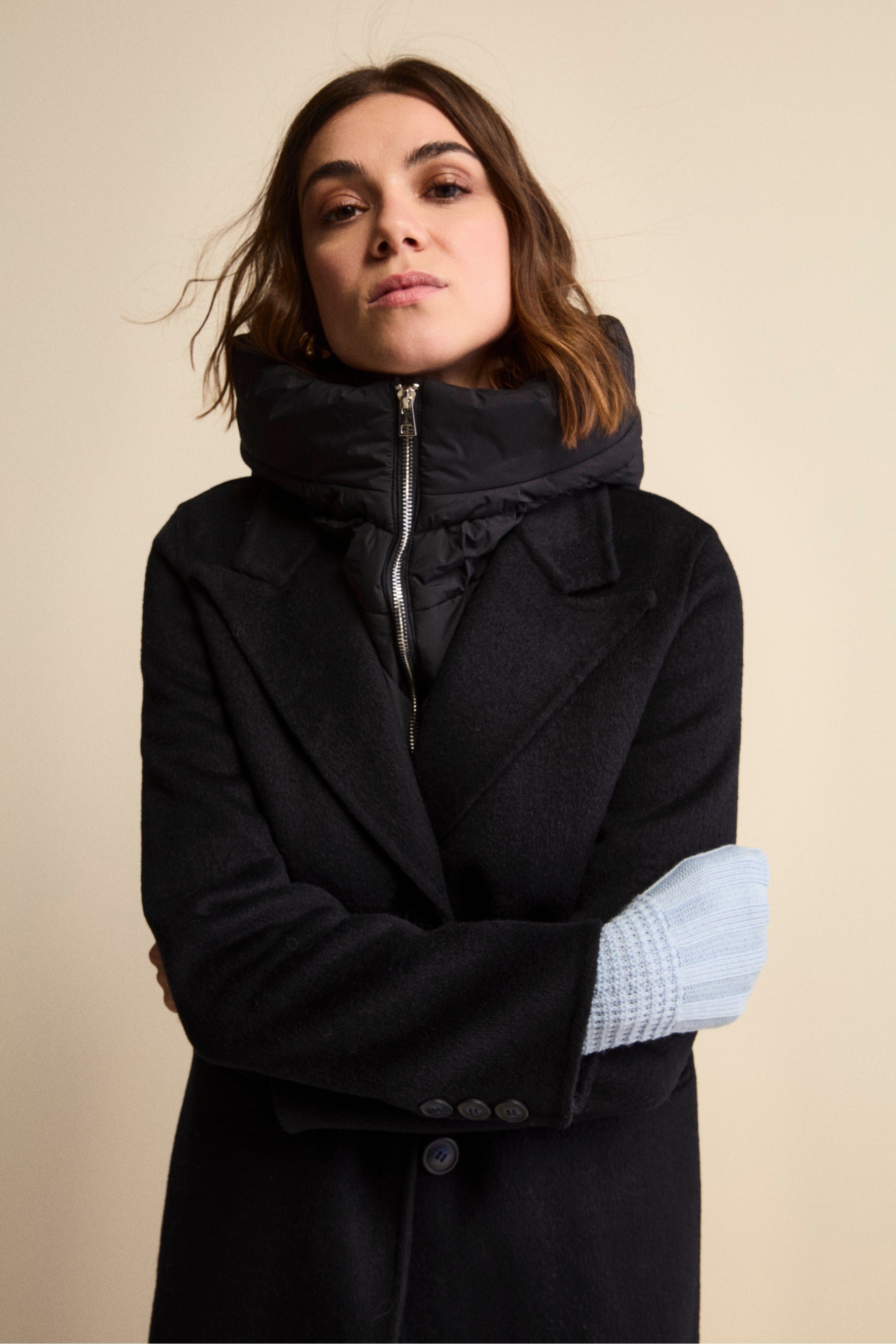 Long Wool-Blend Coat with Detachable Bib and Hood - BLUE