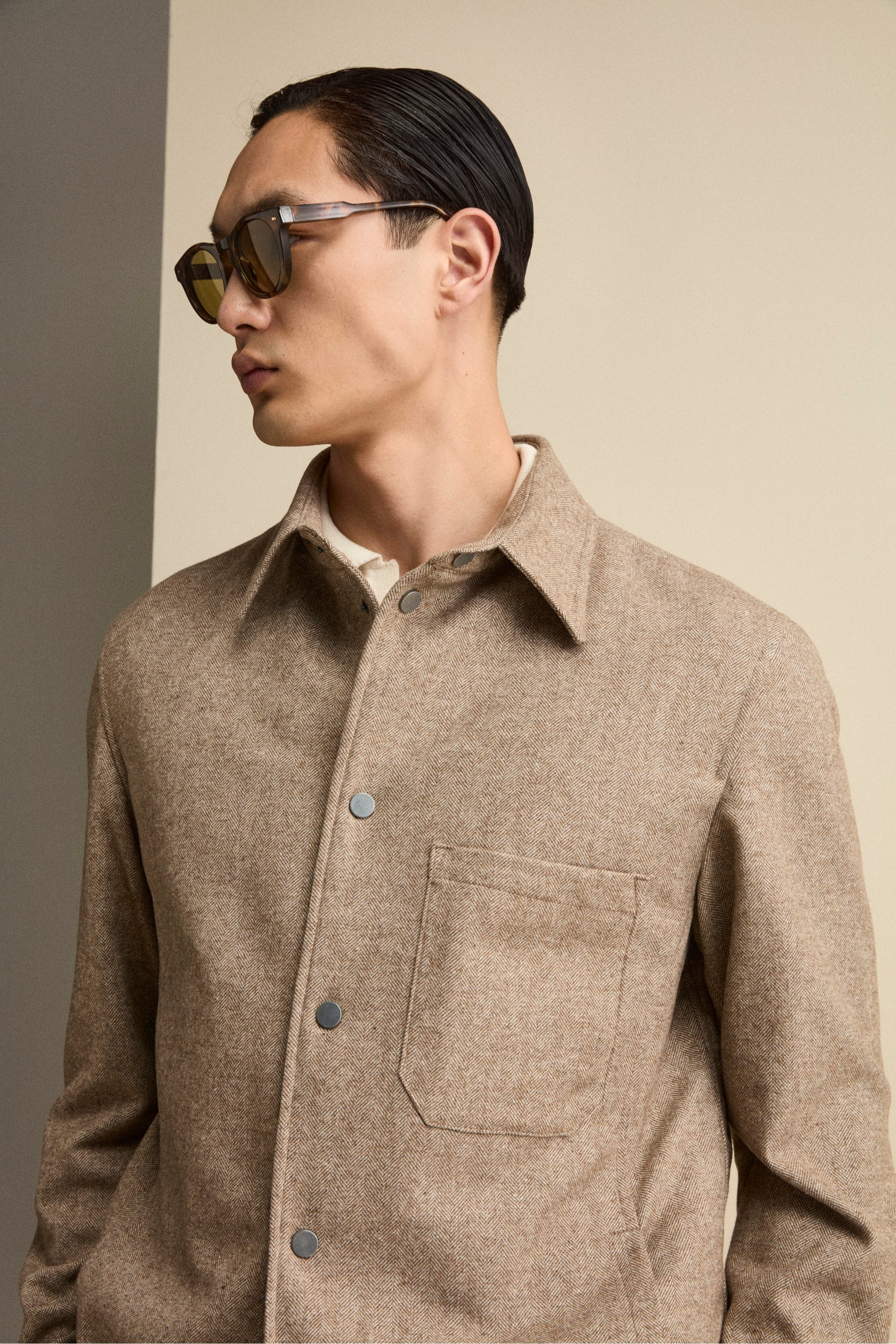 Overshirt Jacket in Wool Blend - Brown herringbone