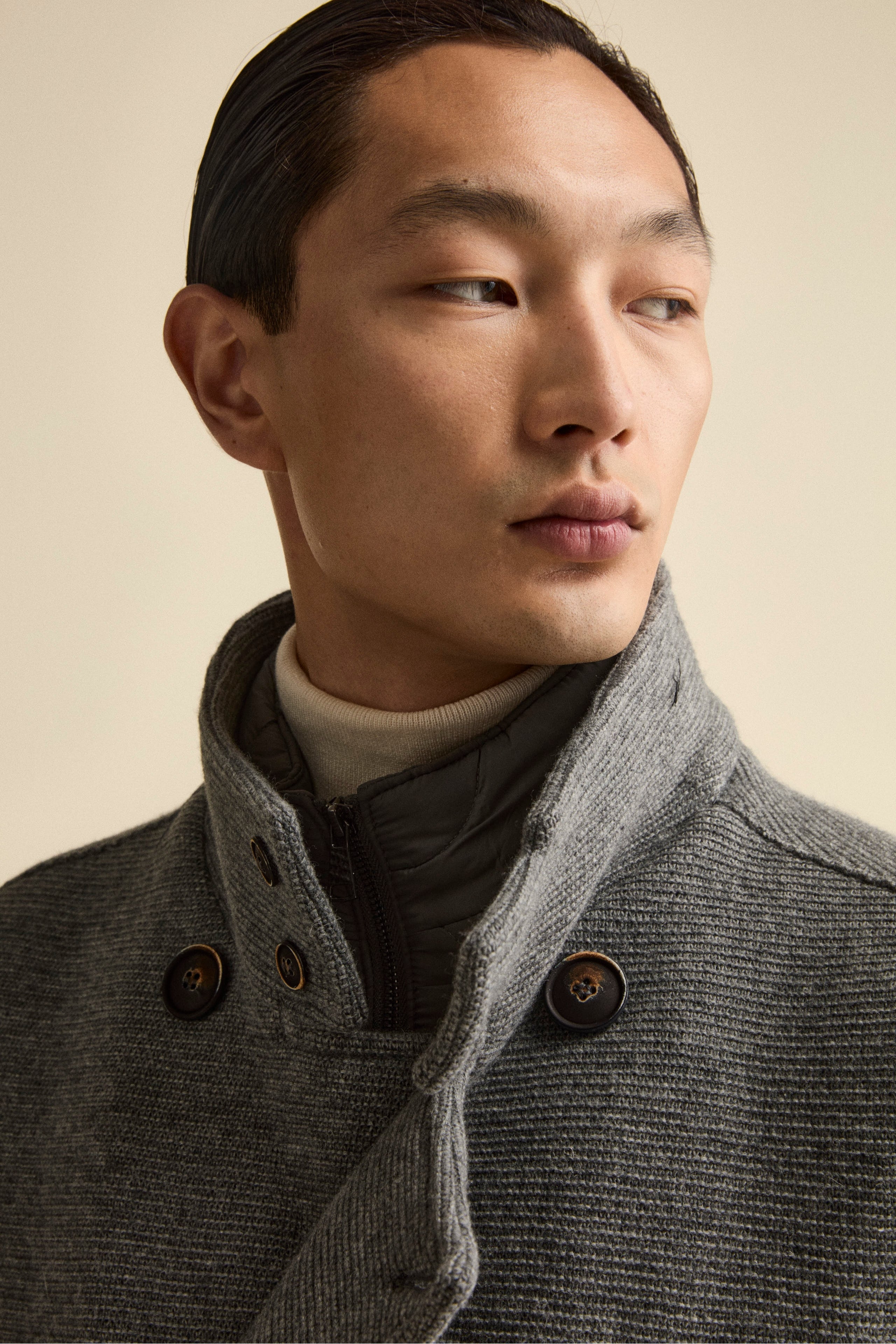 Wool-Blend Double-Breasted Peacoat with Bib - Grey melange