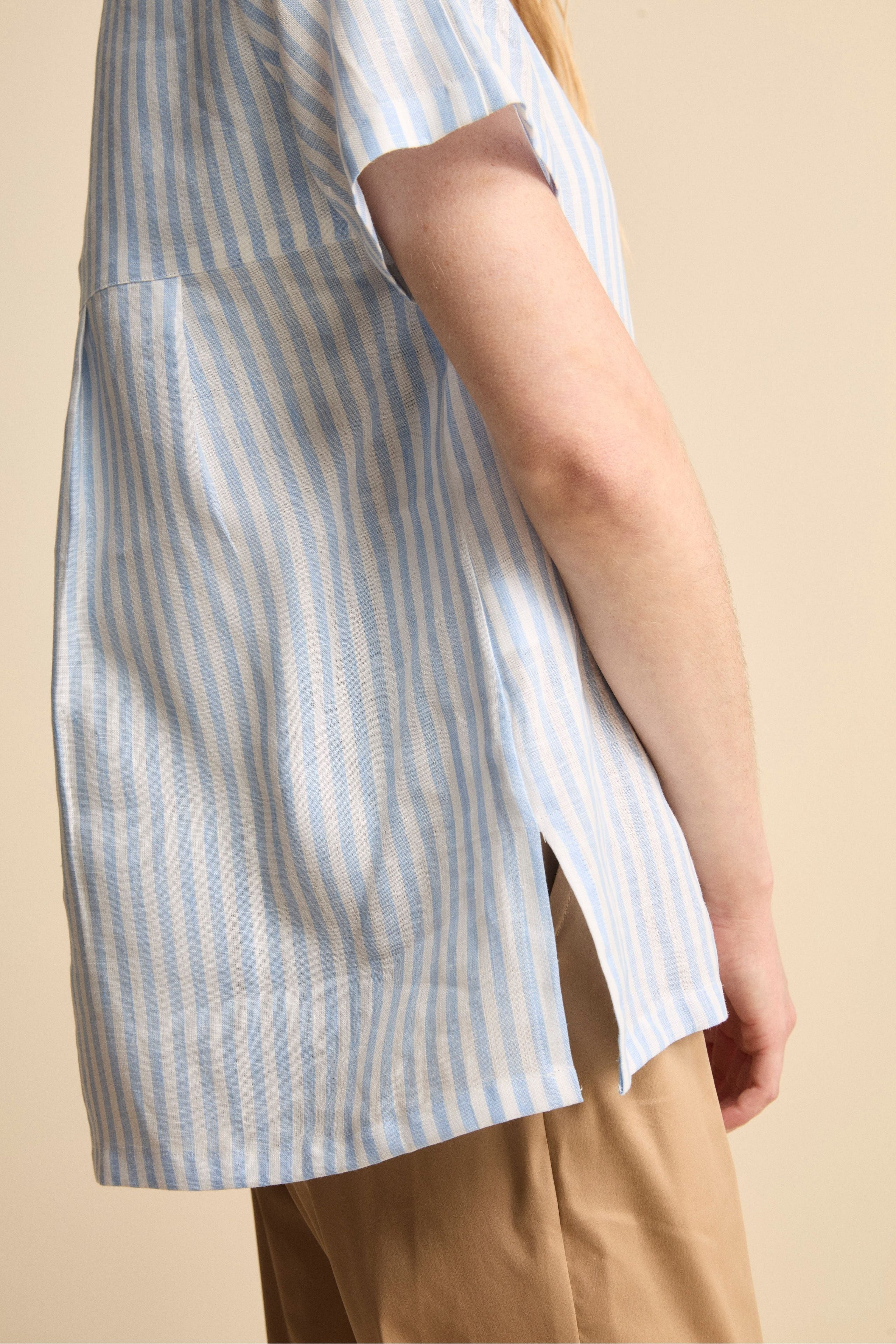 Blusa Over Girocollo in Lino - AZZURRO RIGATO