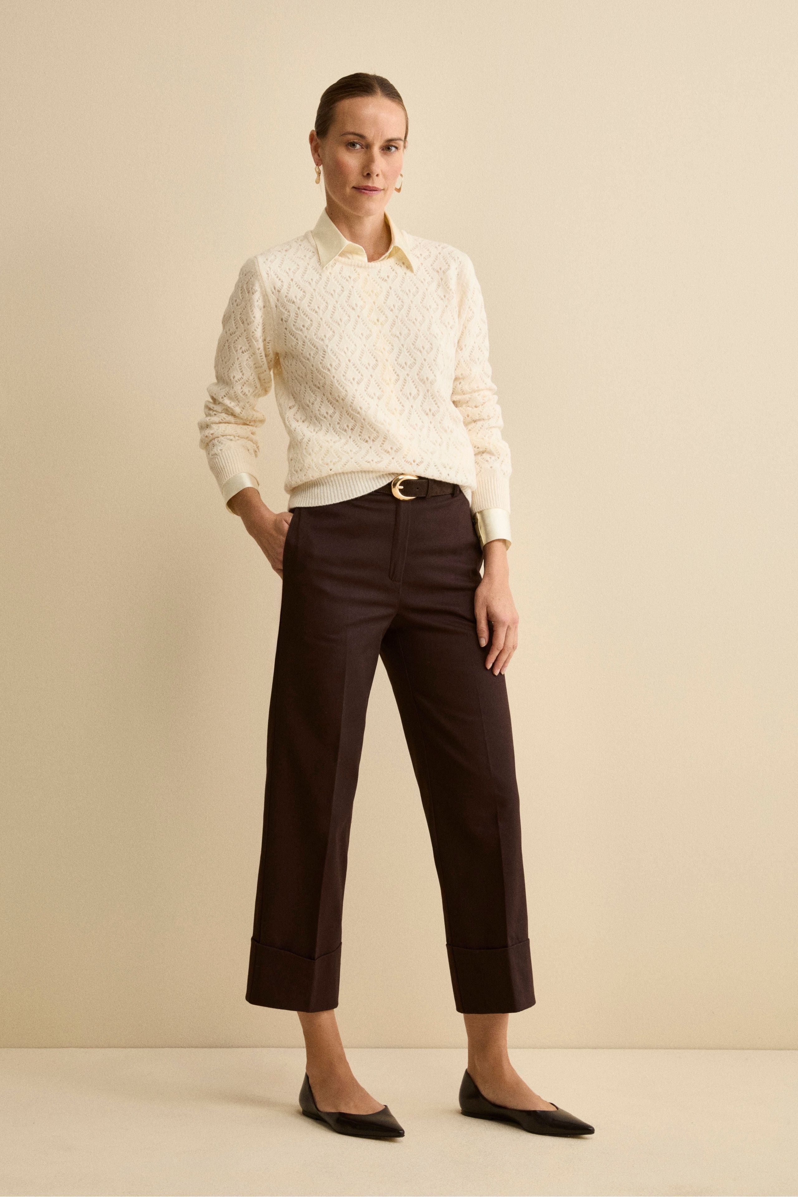 Wide-Leg Pleated Trousers with Cuff - Dark brown