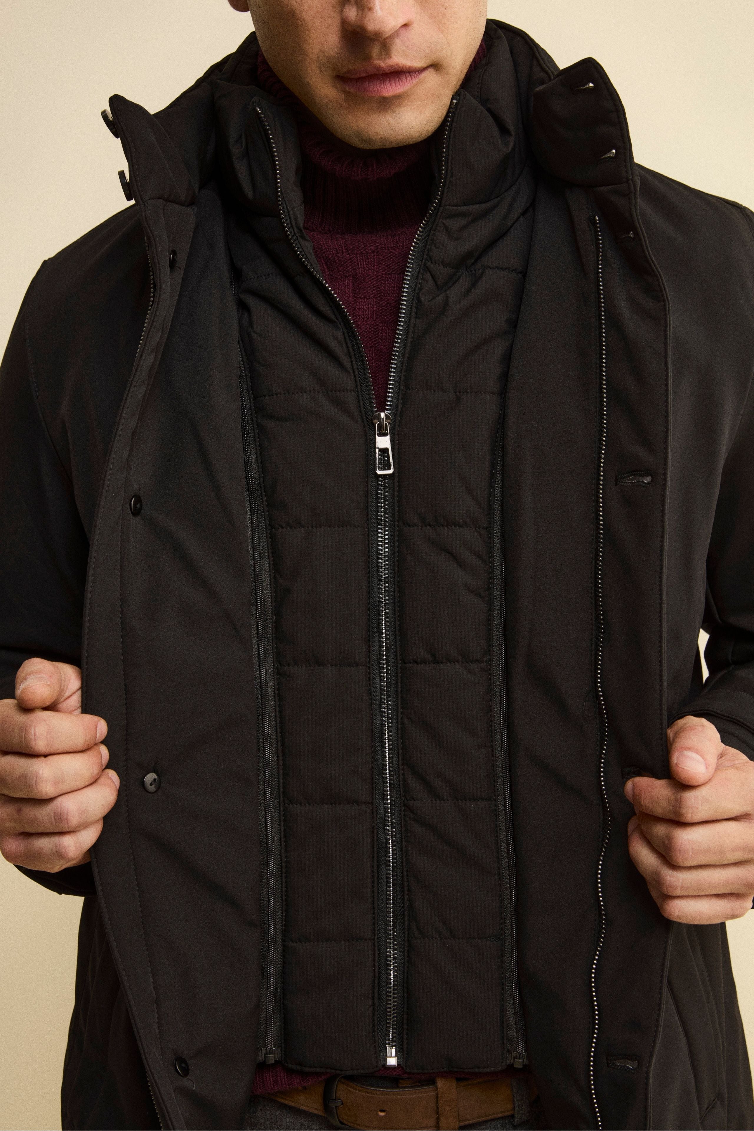 Winter Coat with Removable Bib and Detachable Hood - BLACK