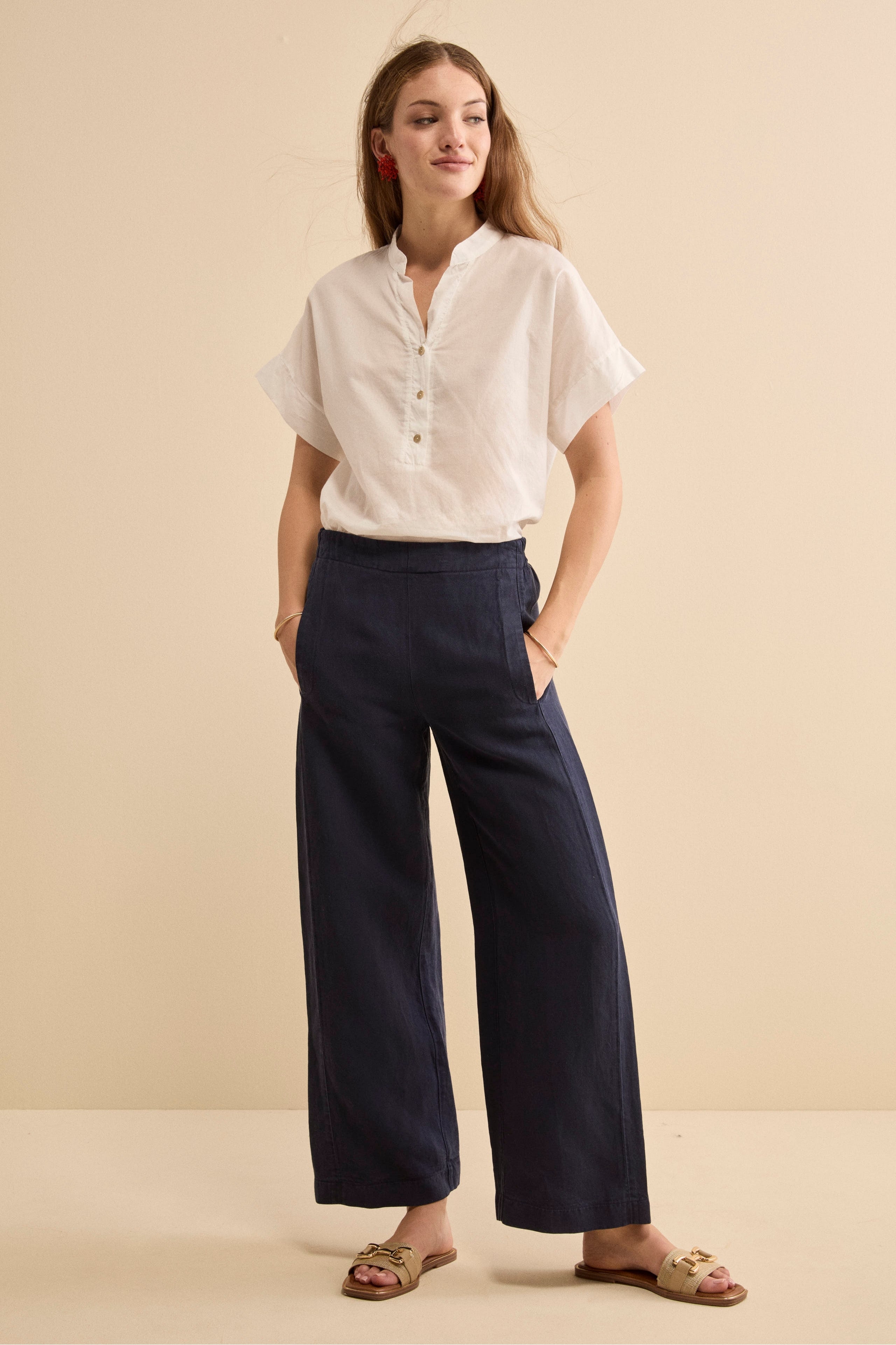 Pantalone Ampio in Misto Lino con Elastico - BLU