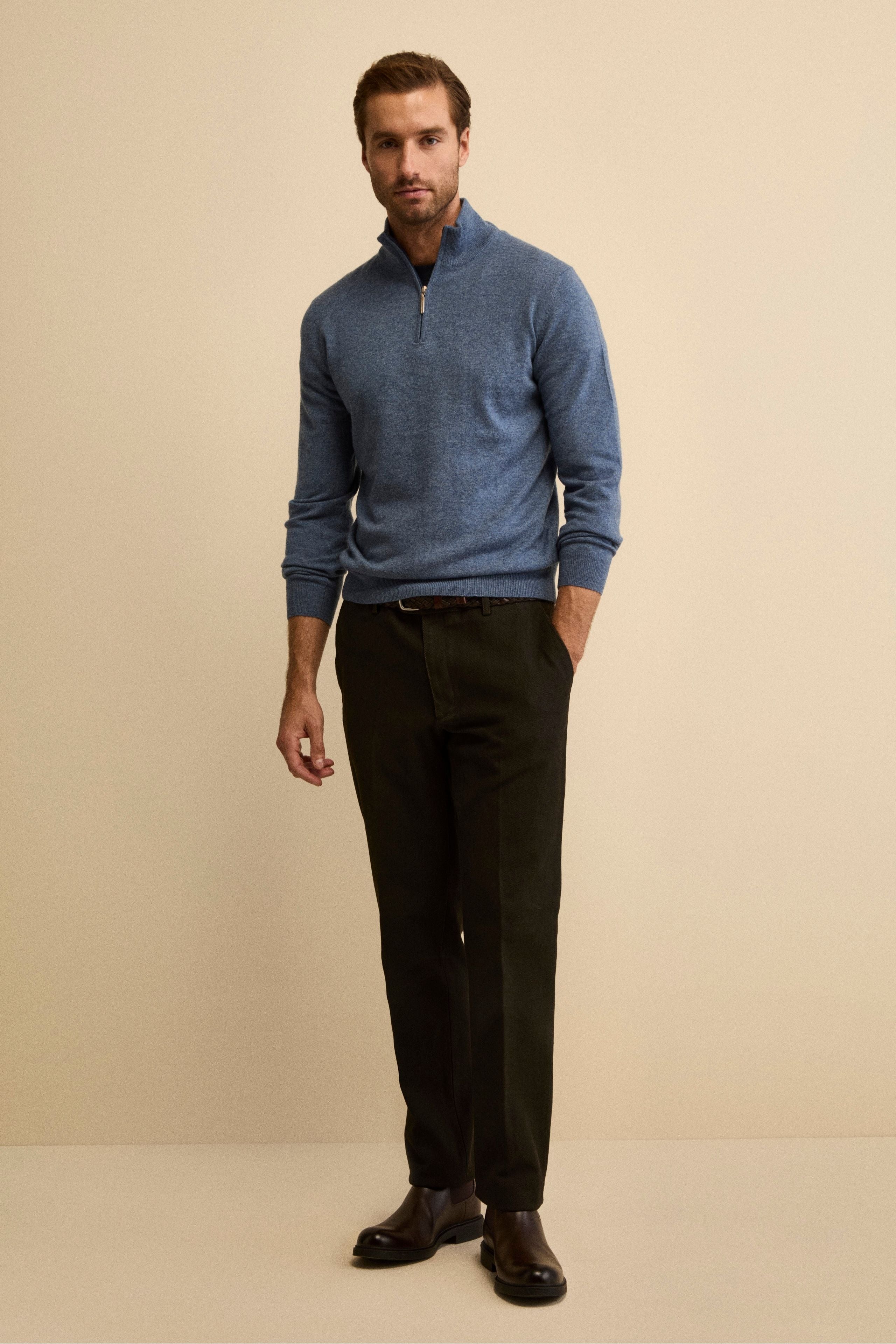 Cotton Slim Fit Pleated Trousers - Dark brown