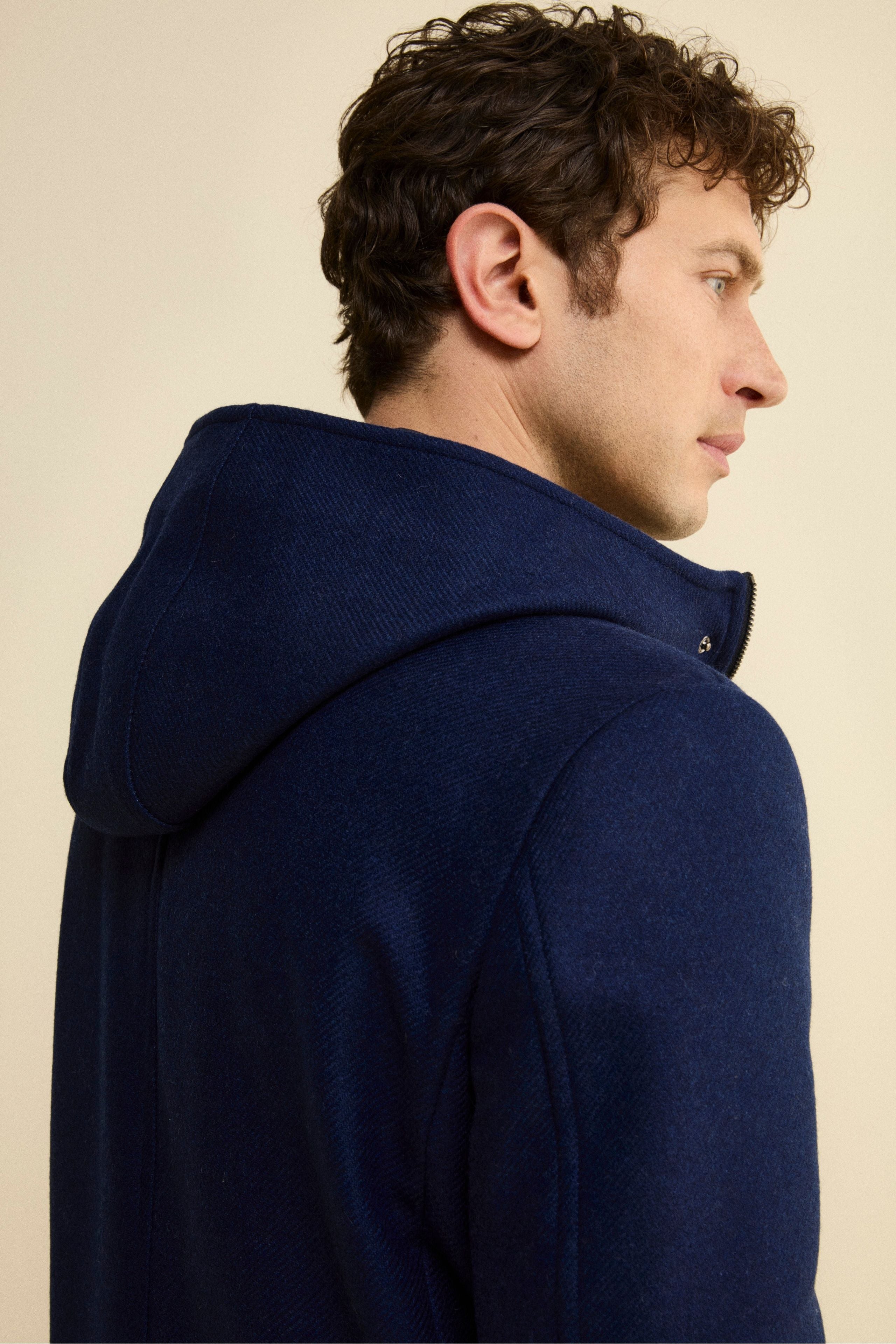 Twill Wool Blend Coat with Zip and Hood - BLUE