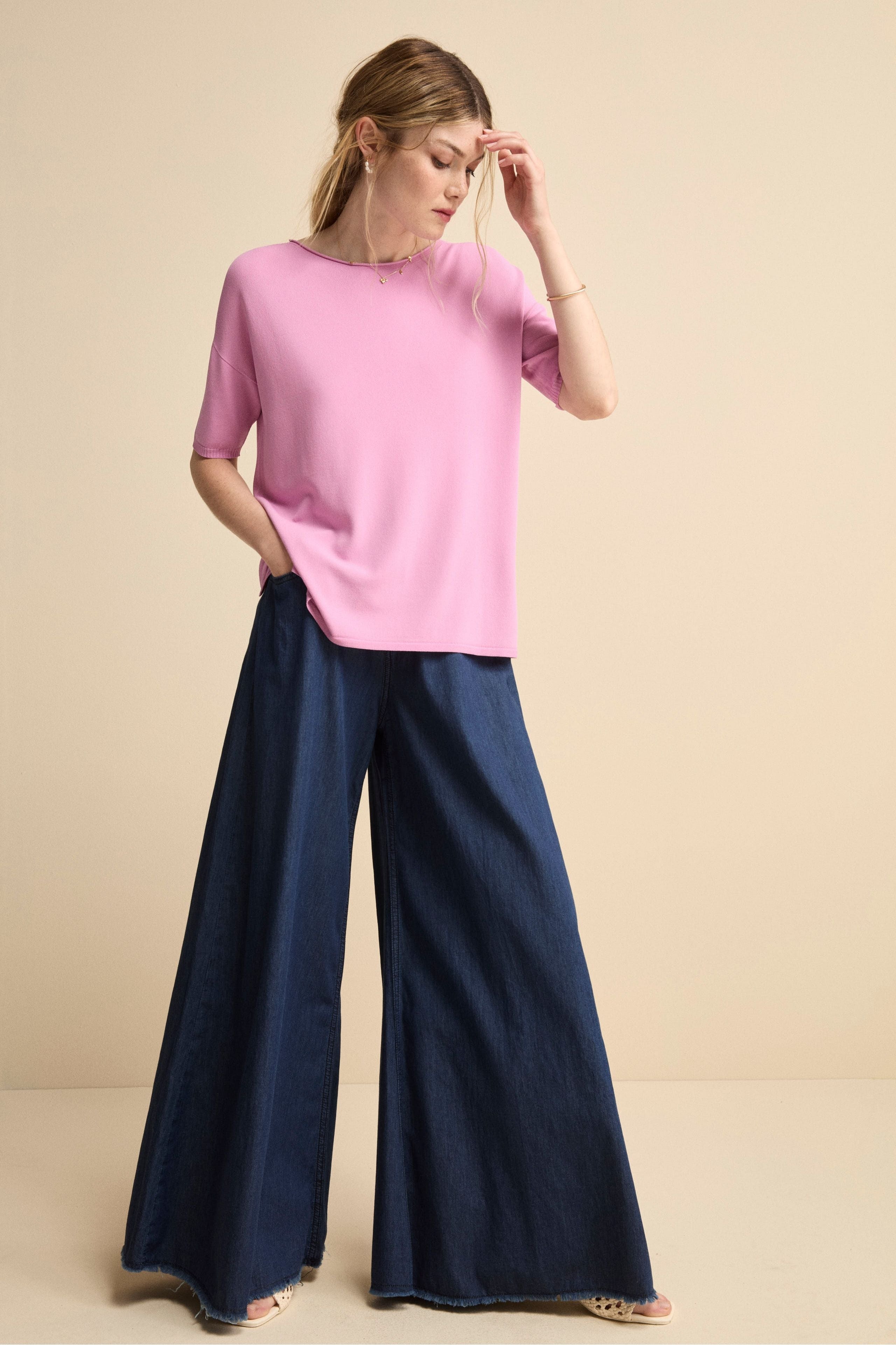 Pantalone Gamba Larga in Cotone Chambray - DENIM