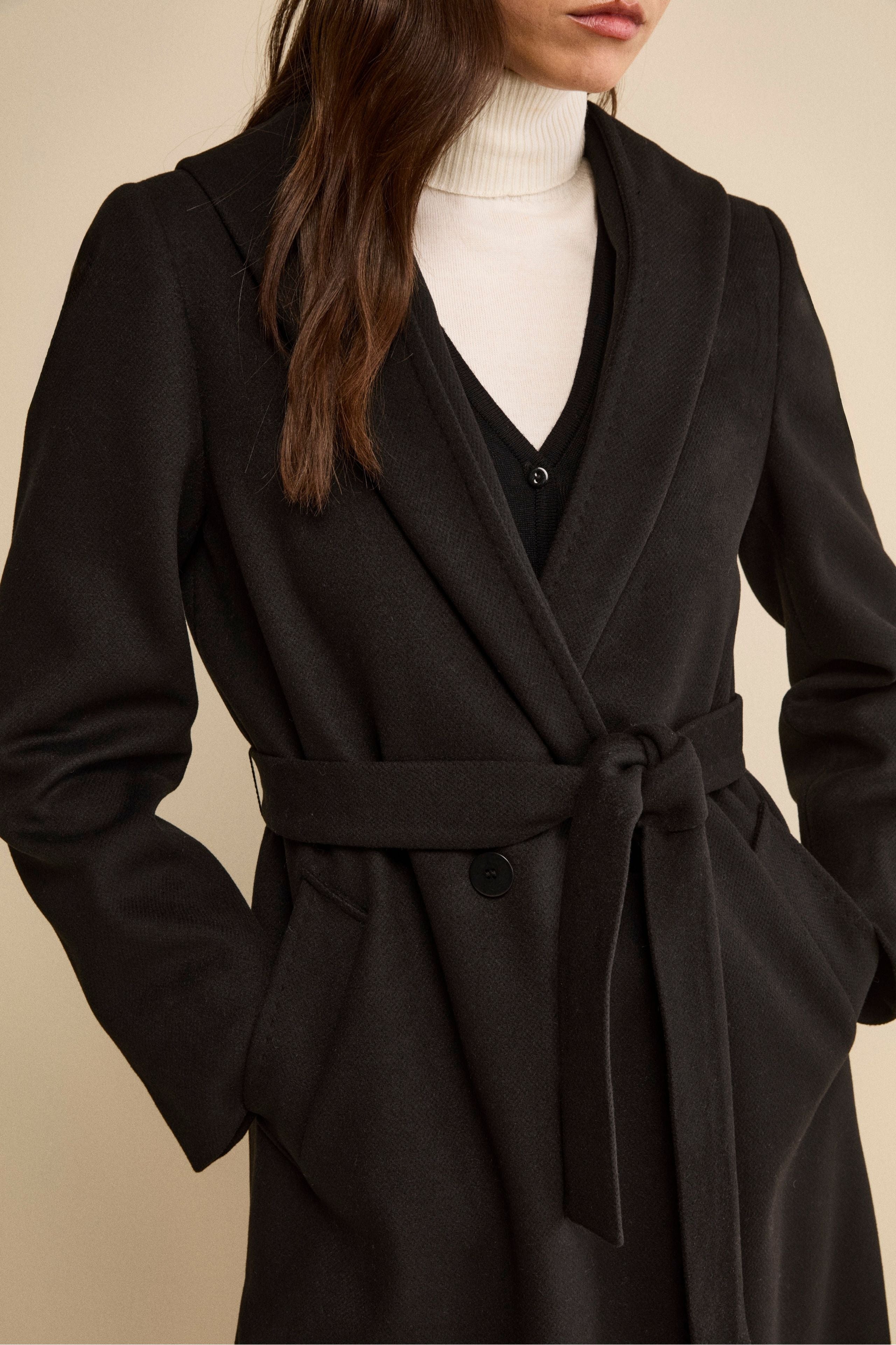 Long Belted Coat with Hood - BLACK