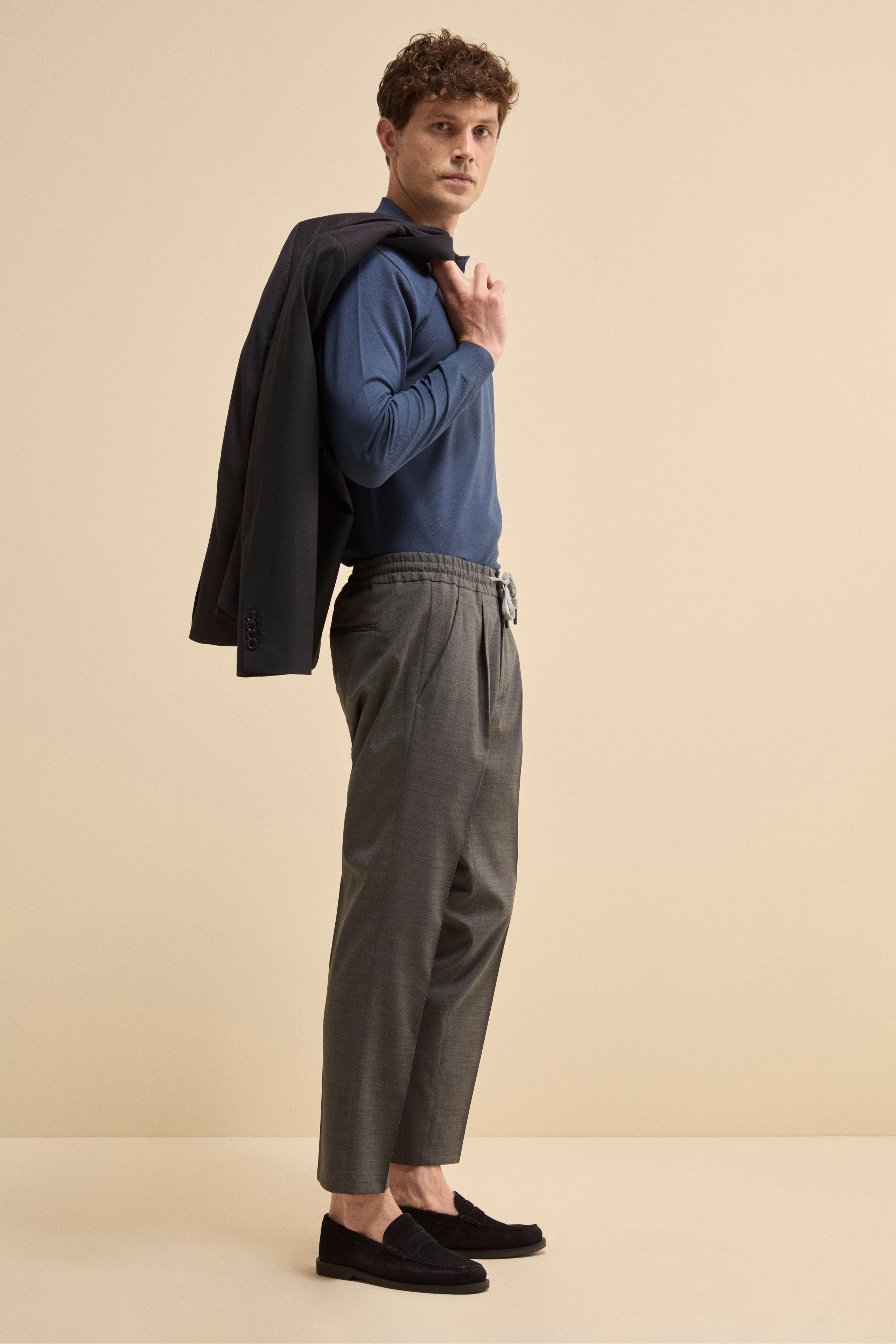 Pantalone Slim Fit con Coulisse in Misto Lana - GRIGIO MEDIO MELANGE