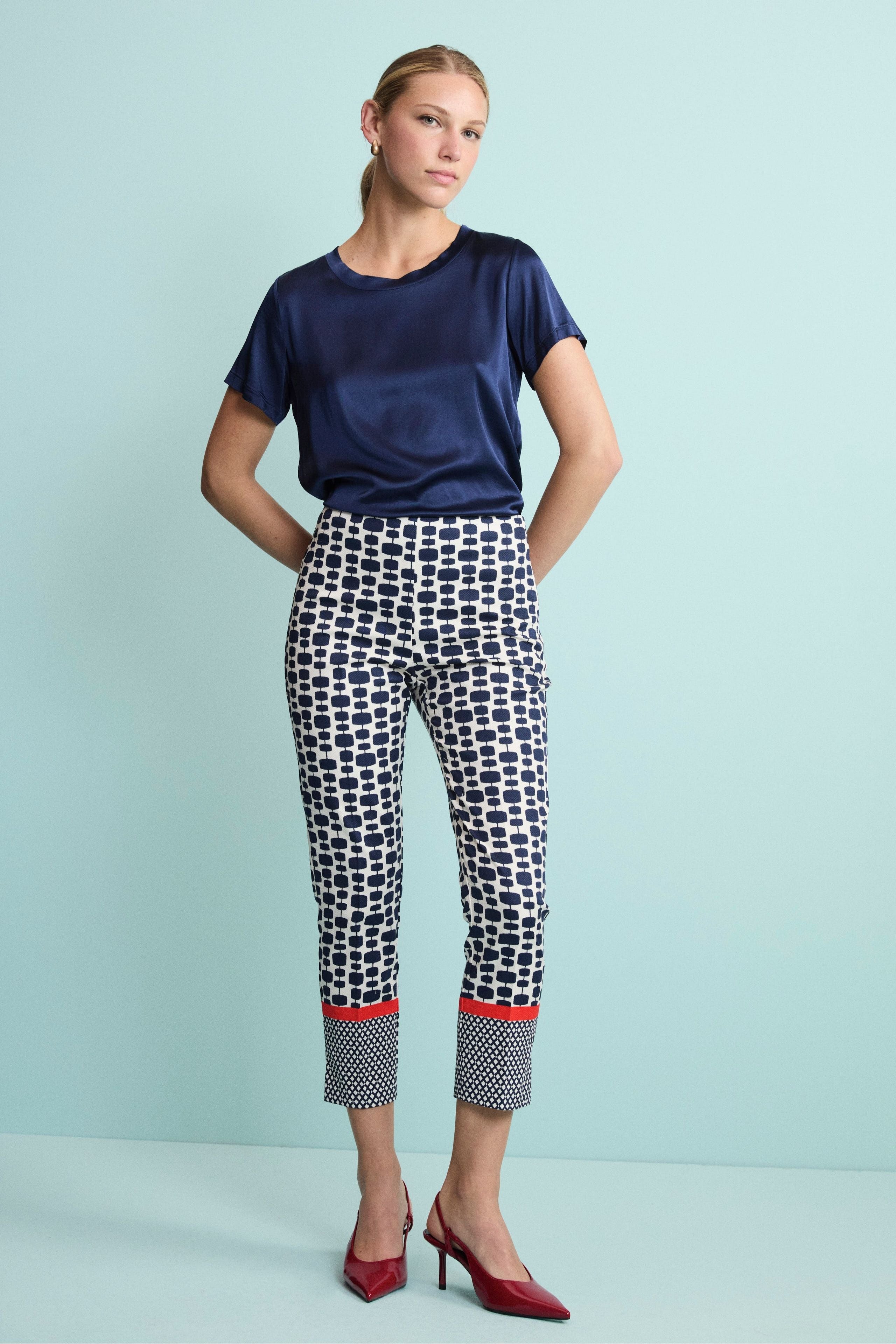 Pantalone Cropped Elegante in Cotone Piquet - FANT. BLU/BIANCO