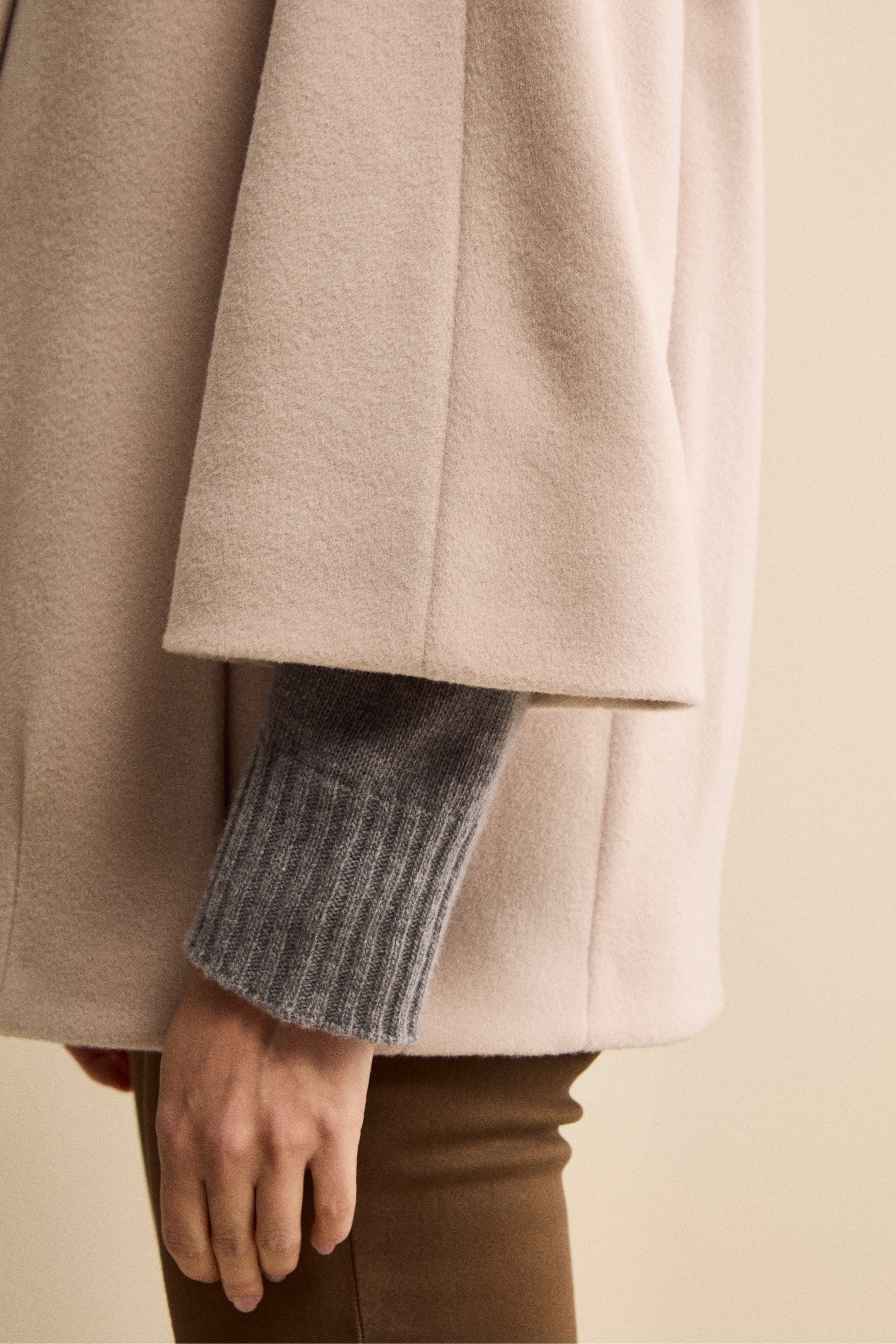 Wool and Cashmere Cape with Hood and Lining - ALMOND