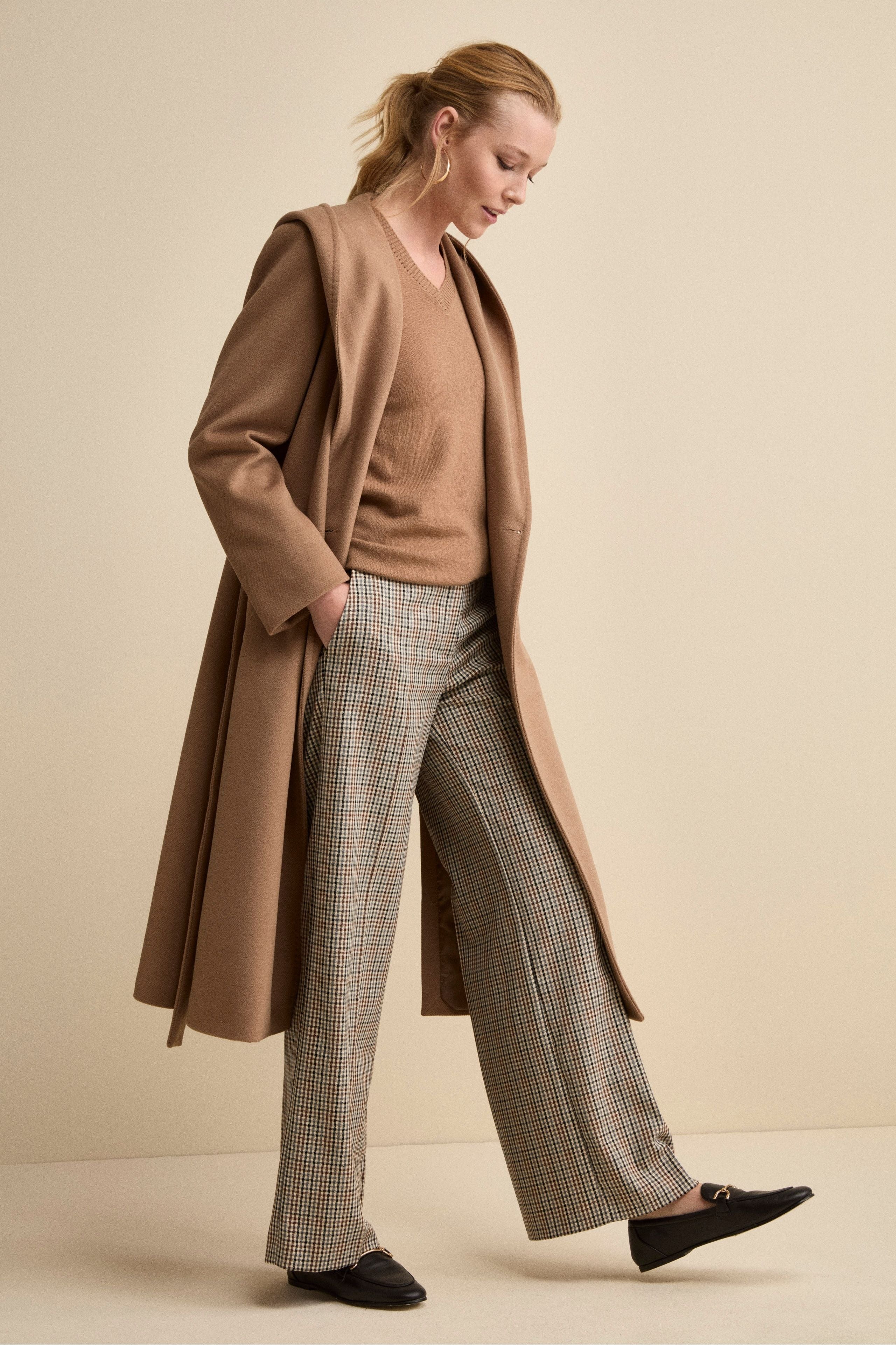 Wide-Leg Checked Trousers - Beige check