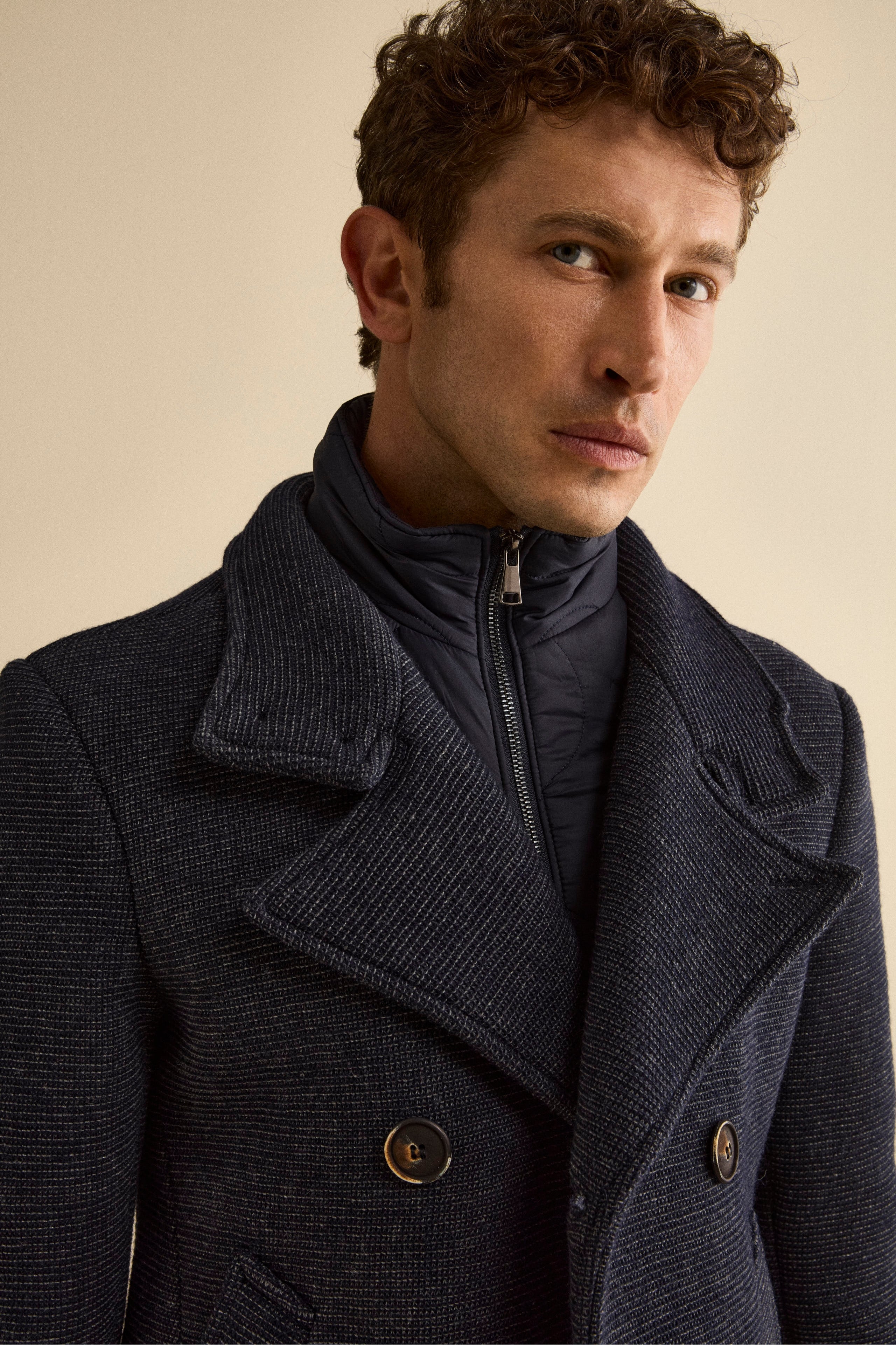 Wool-Blend Double-Breasted Peacoat with Bib - Blue melange