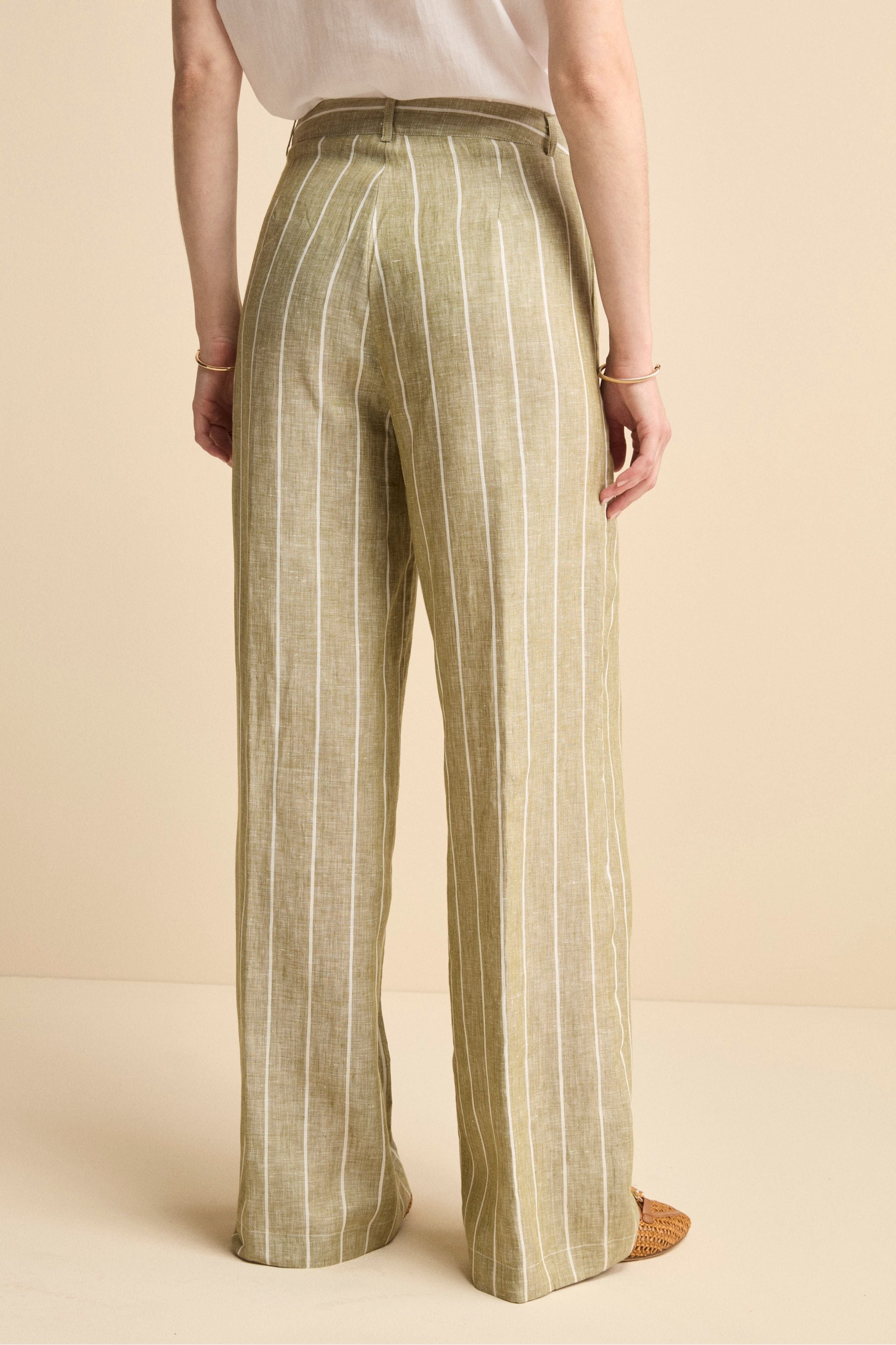 Pantalone Morbido Gessato in Lino - VERDE RIGATO