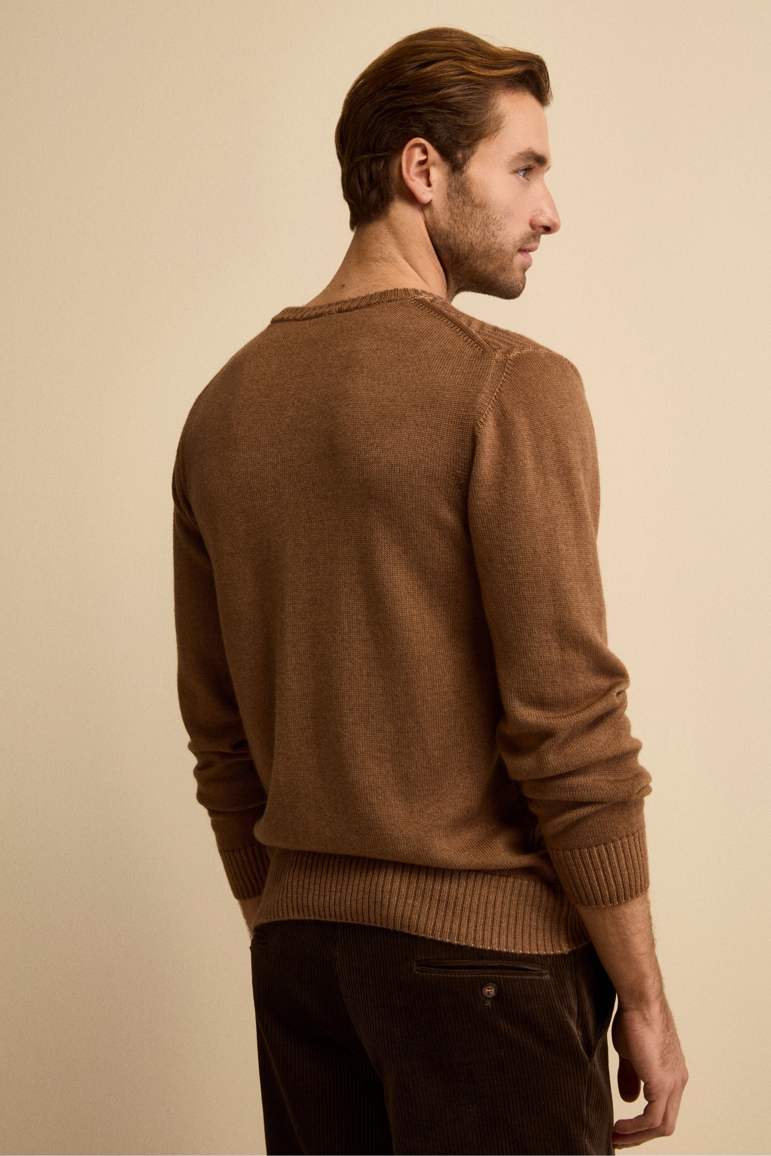 Fisherman’s Rib Crewneck in Merino Wool - Tobacco brown