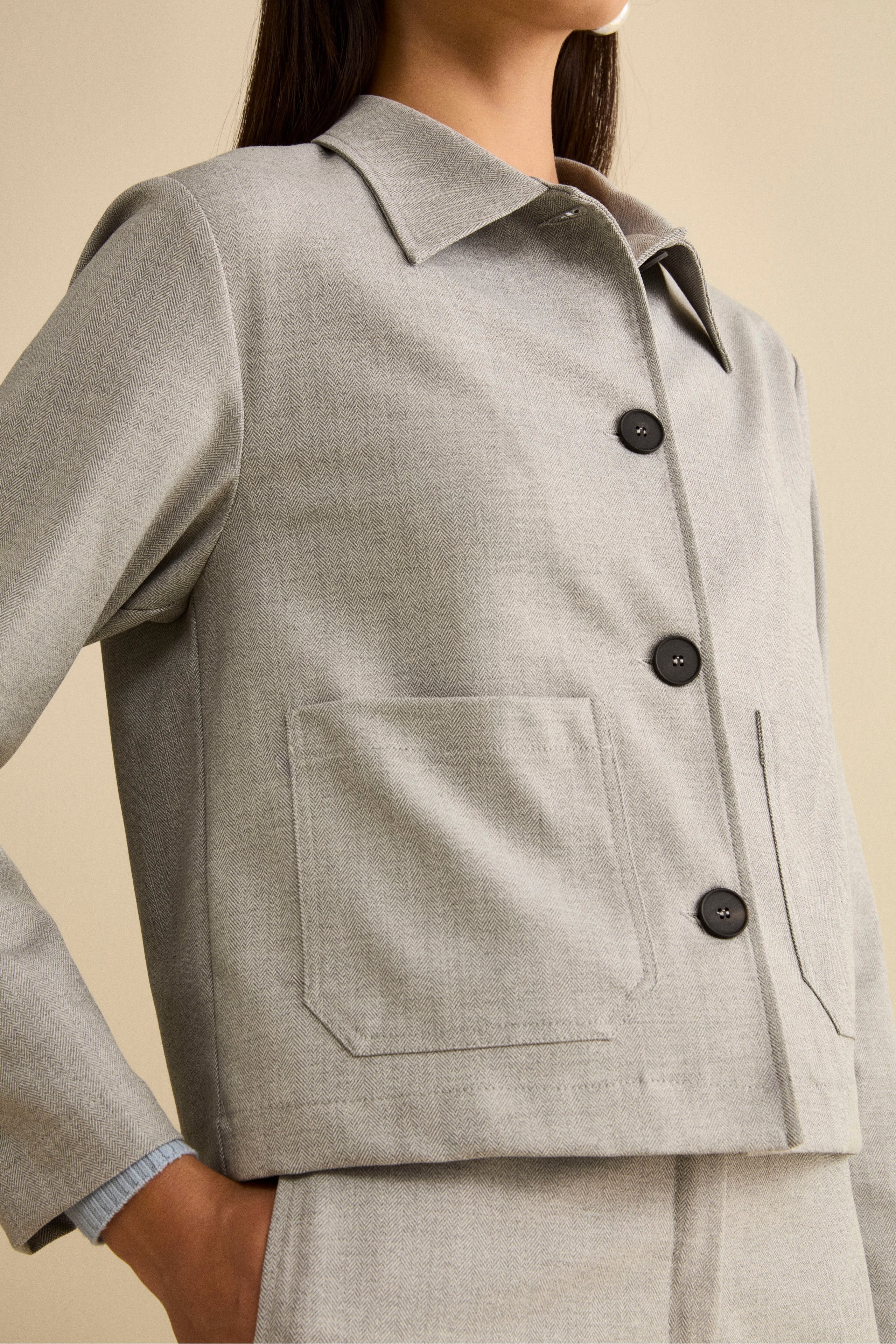 Short Herringbone Overshirt Jacket - Grey herringbone