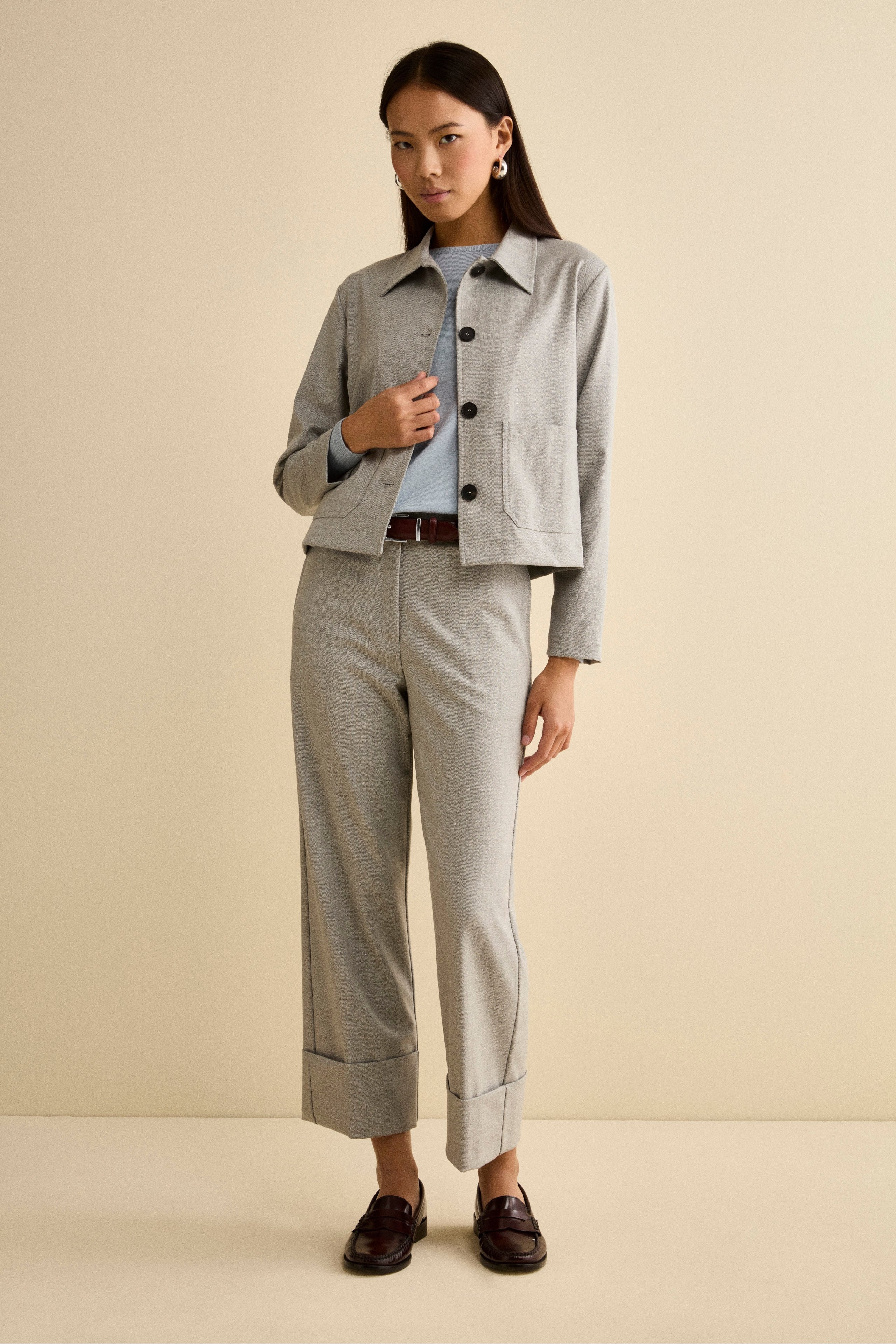 Wide-Leg Herringbone Trousers with Cuff - Grey herringbone